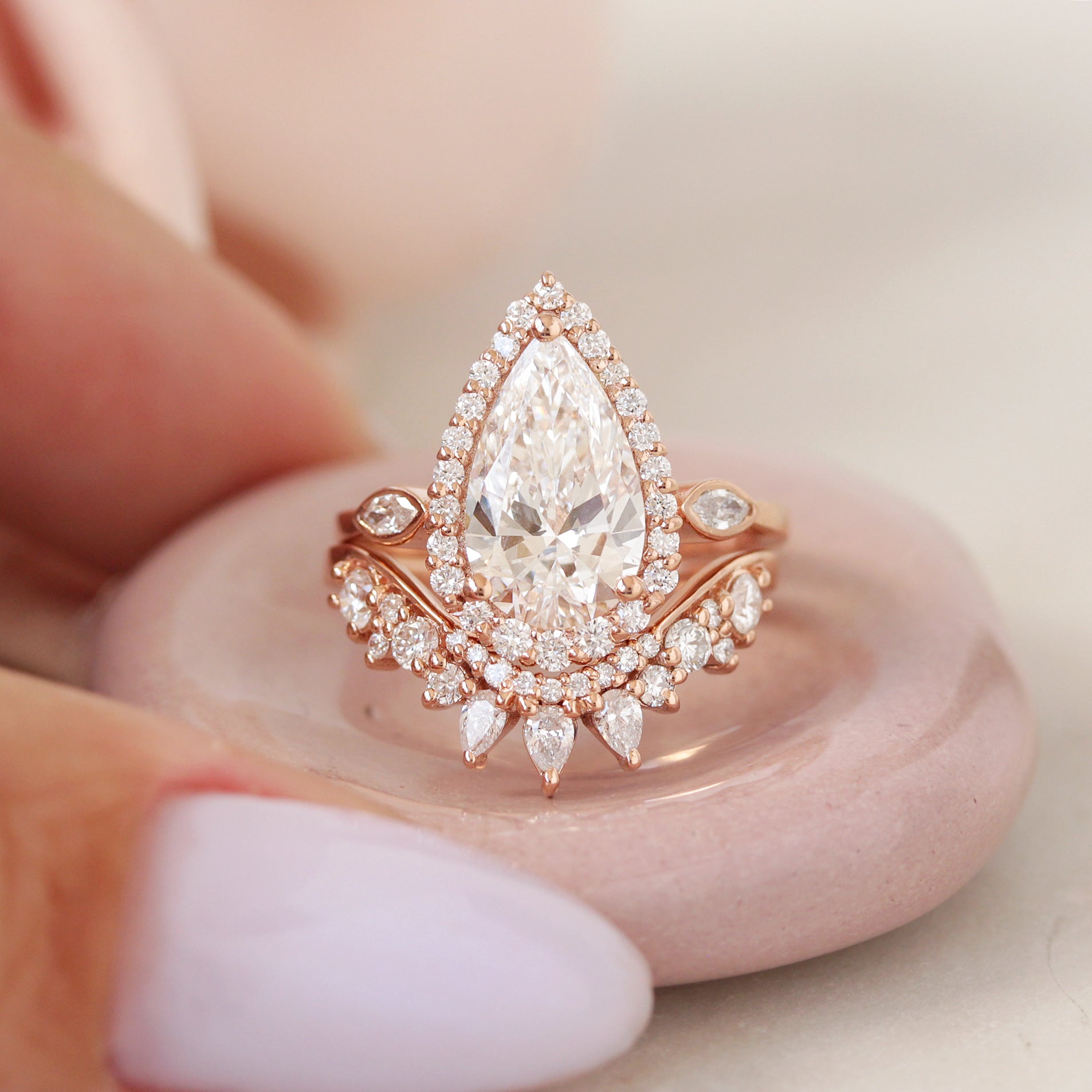 2.5ct Pear Shape Diamond Halo Engagement Ring With a Matching Diamond Nesting Wedding Ring, Zoe and Valeria