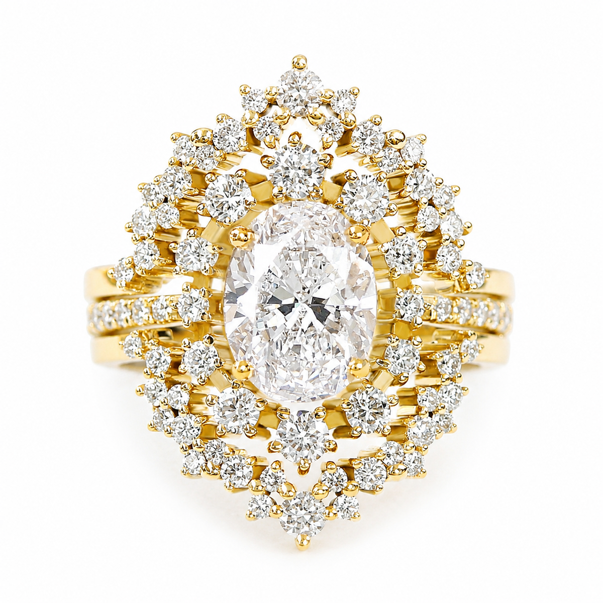 Oval Lab Diamond Halo Unique Wedding Three Ring set - Glory