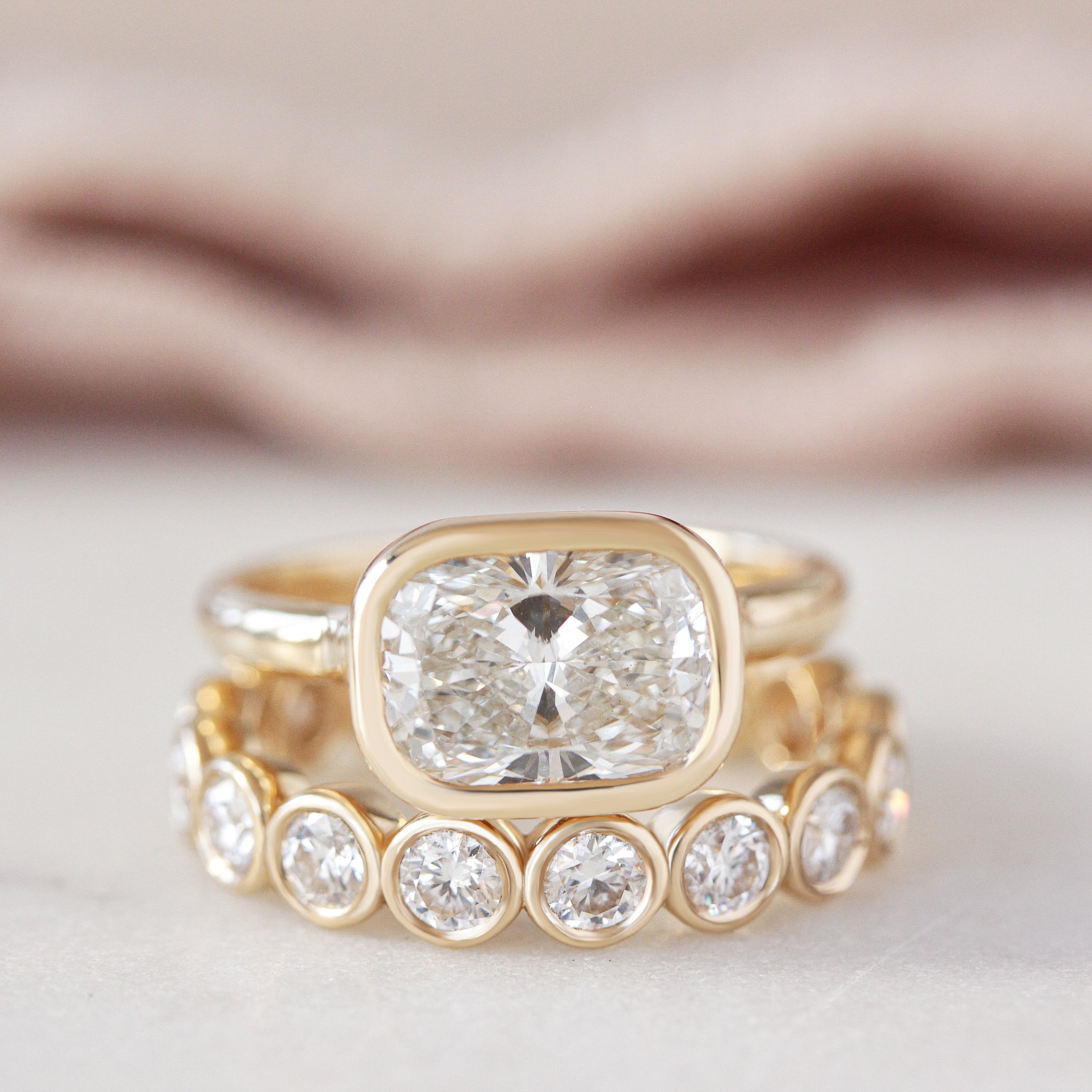 East West Cushion Cut Solitaire Bezel Set Diamond Engagement Ring - Jade