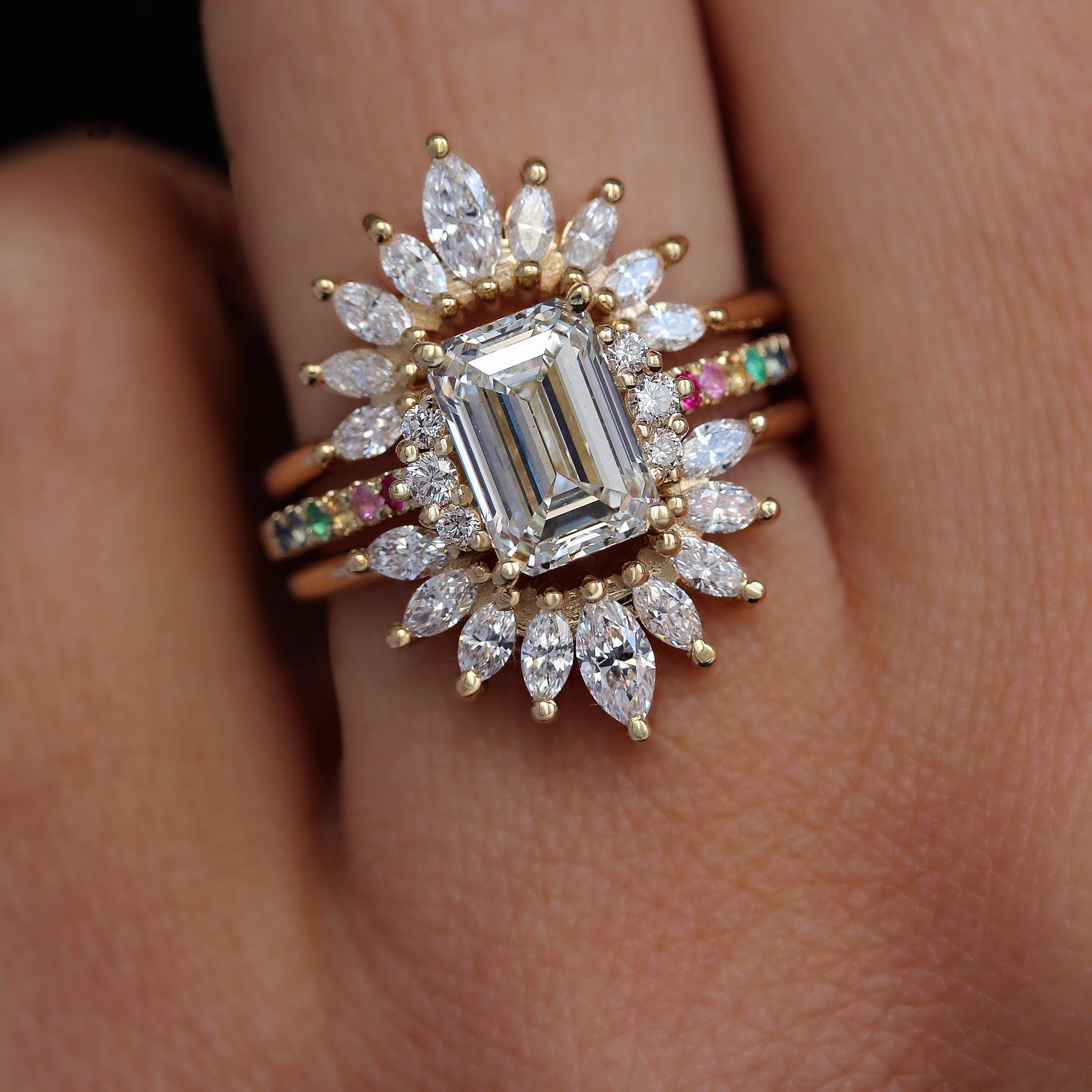 Curve Marquise Diamond Art Deco U Ring Sunburst