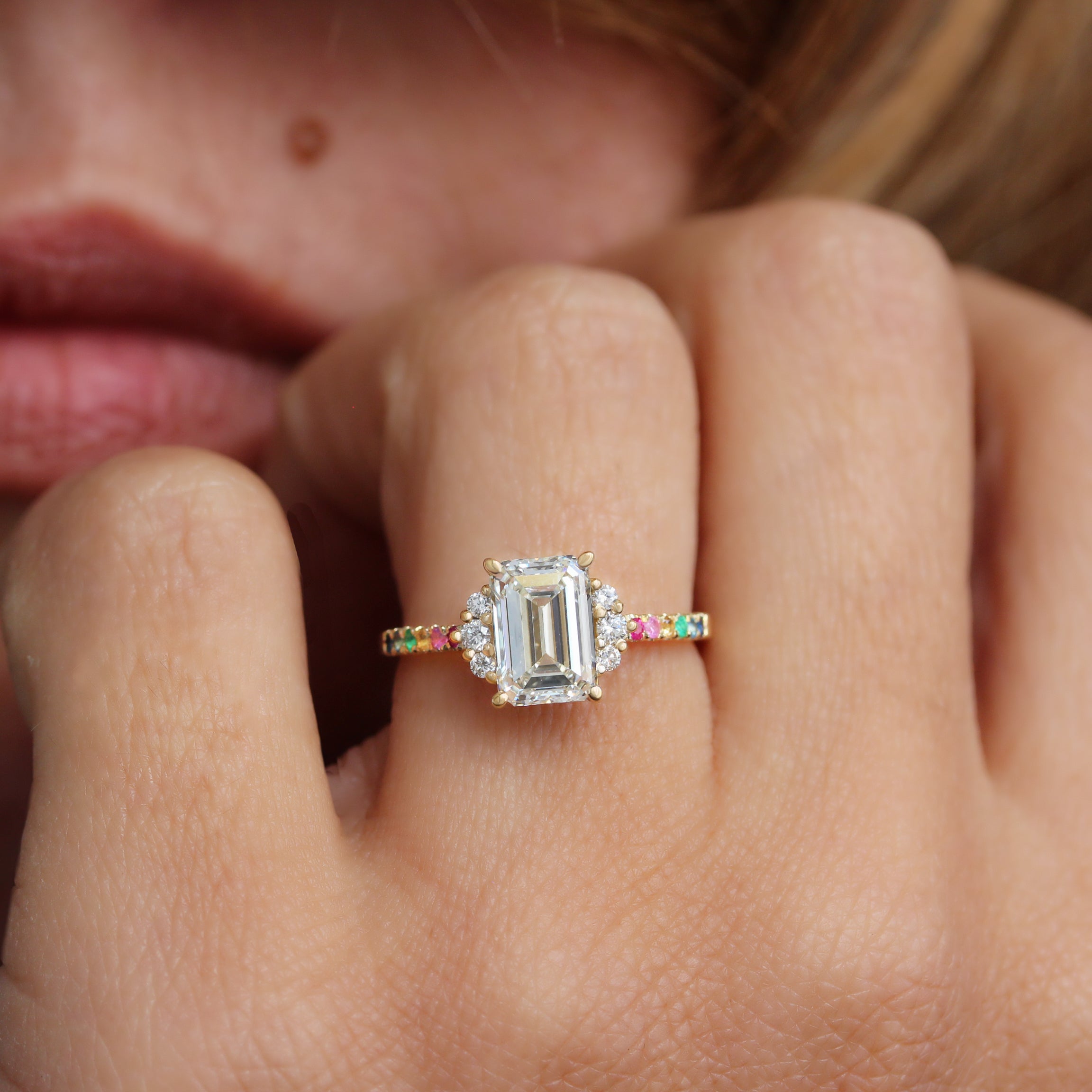 2CT Emerald Cut Diamond Rainbow Band Engagement Ring - Parvati