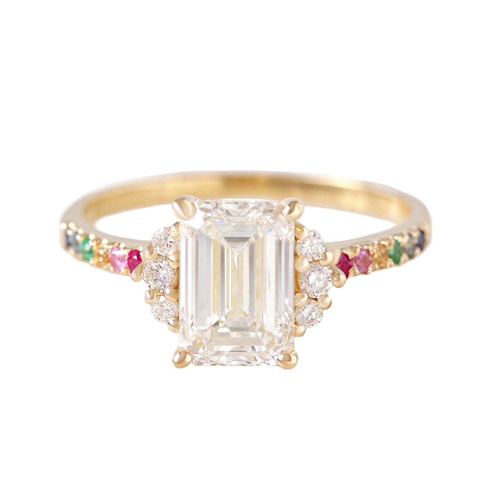 2CT Emerald Cut Diamond Rainbow Band Engagement Ring - Parvati