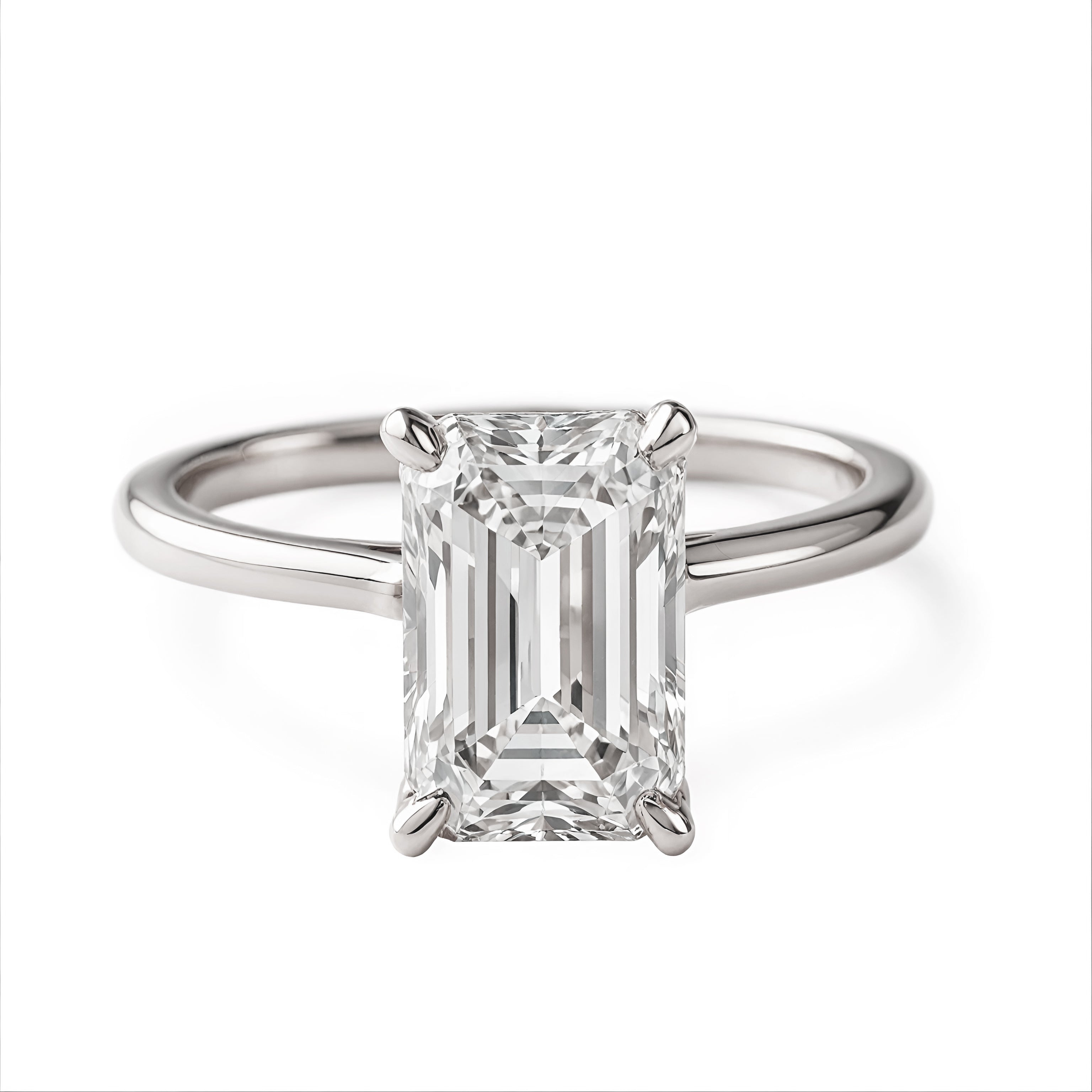 Emerald Cut Solitaire Diamond Engagement Ring 2mm Band 14K Gold, Arya