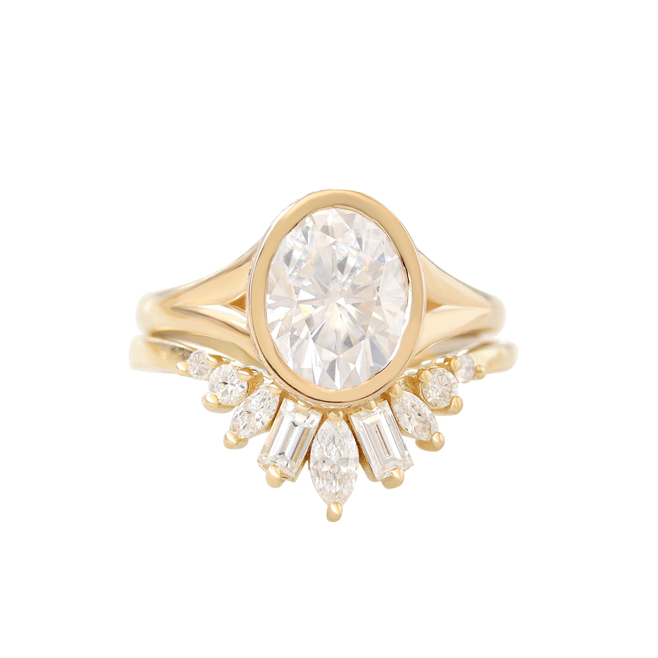 2ct Oval Diamond Bezel Set Engagement Ring with Hidden Halo and Split Shank Urban with Matching Art Deco Nesting Ring Ally V