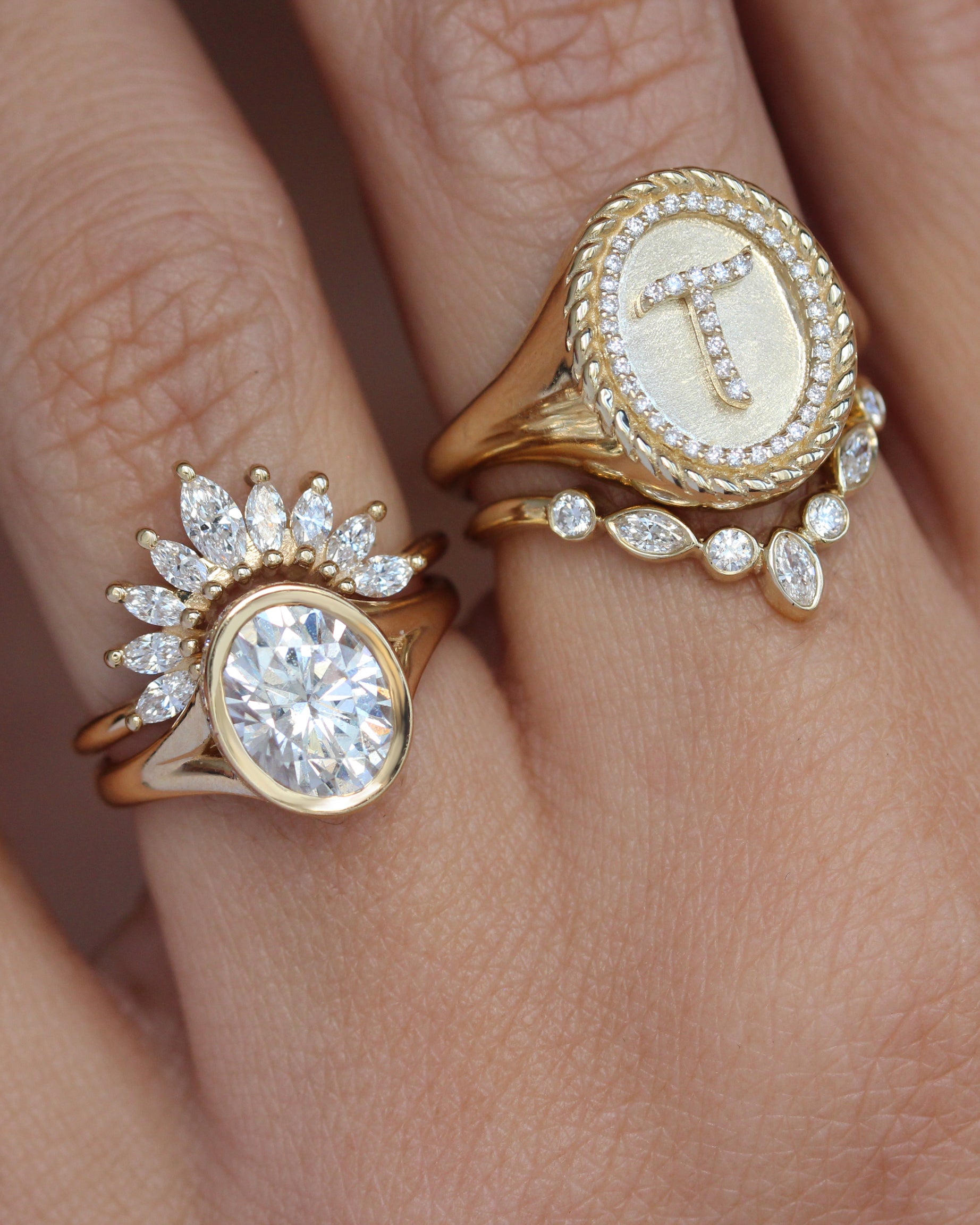 2ct Oval Diamond Bezel Set Engagement Ring with Hidden Halo and Split Shank Urban with Matching Art Deco Nesting Ring Ally V