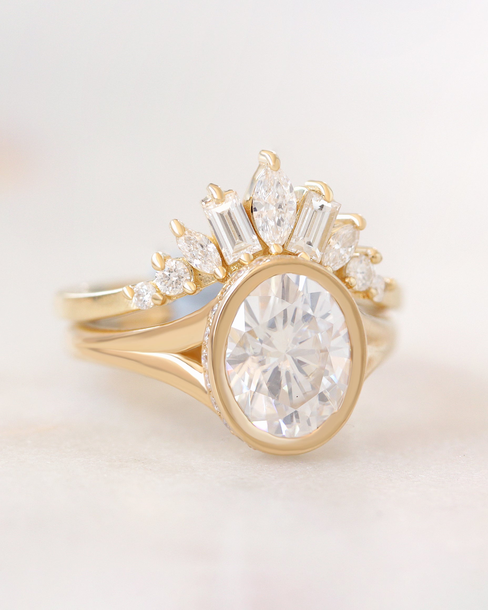 2ct Oval Diamond Bezel Set Engagement Ring with Hidden Halo and Split Shank Urban with Matching Art Deco Nesting Ring Ally V