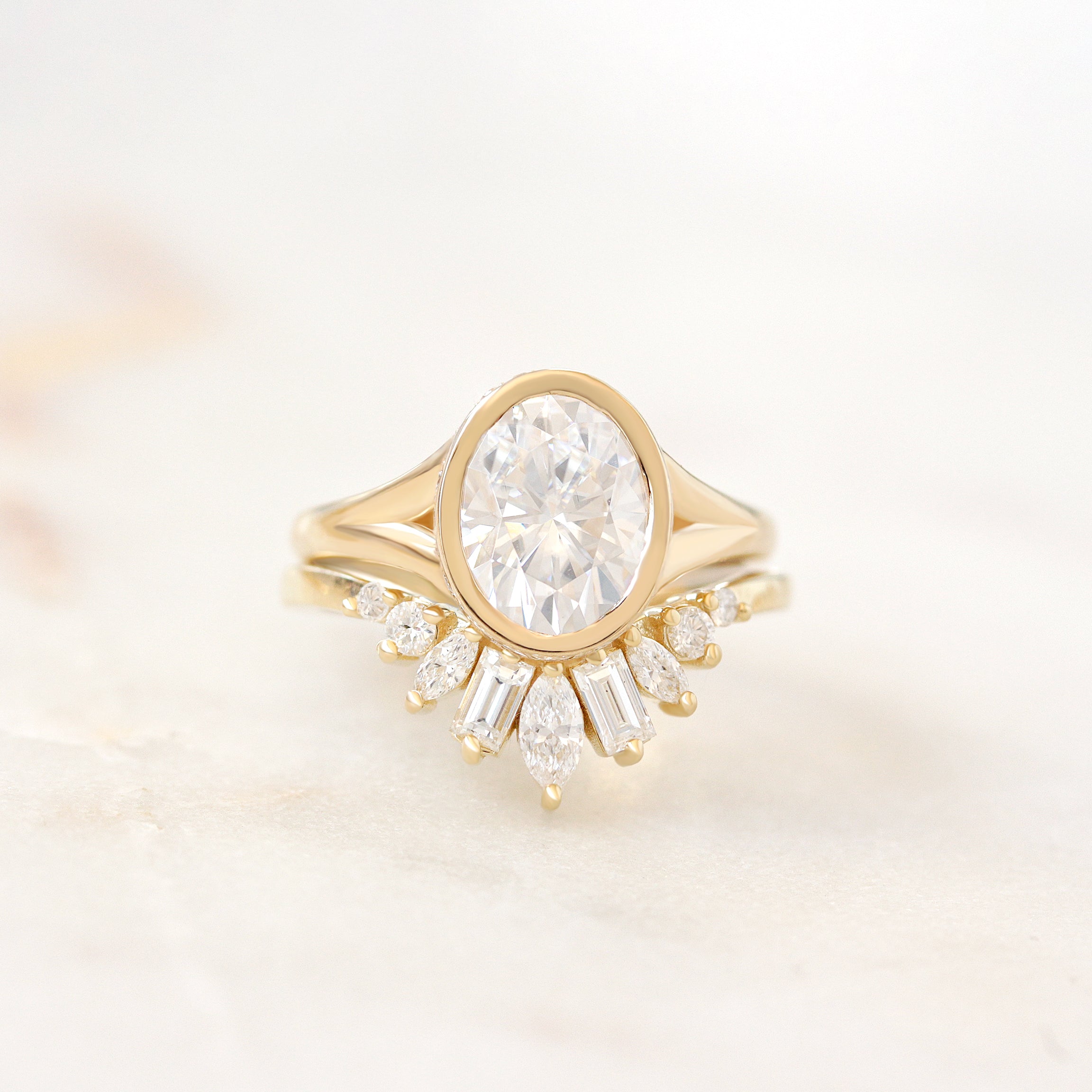 2ct Oval Diamond Bezel Set Engagement Ring with Hidden Halo and Split Shank Urban with Matching Art Deco Nesting Ring Ally V