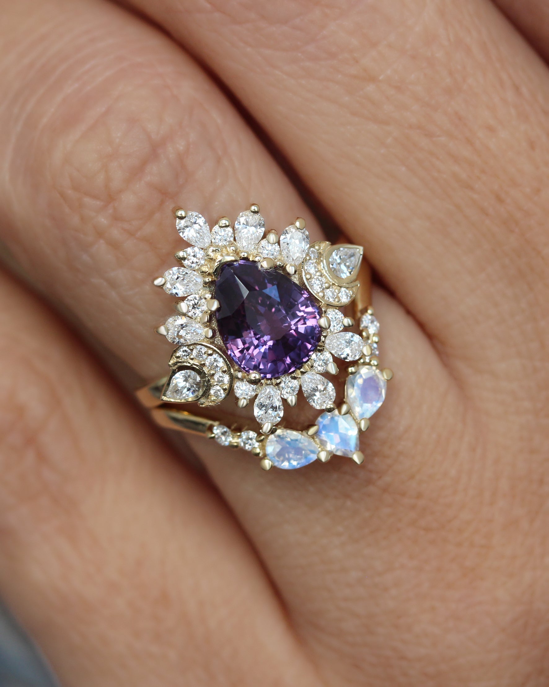 2ct Pear Shape Purple Sapphire Unique Diamond Halo Celestial Moon Engagement Ring, celestial engagement ring, purple sapphire, unique dimaond halo, pear diamond