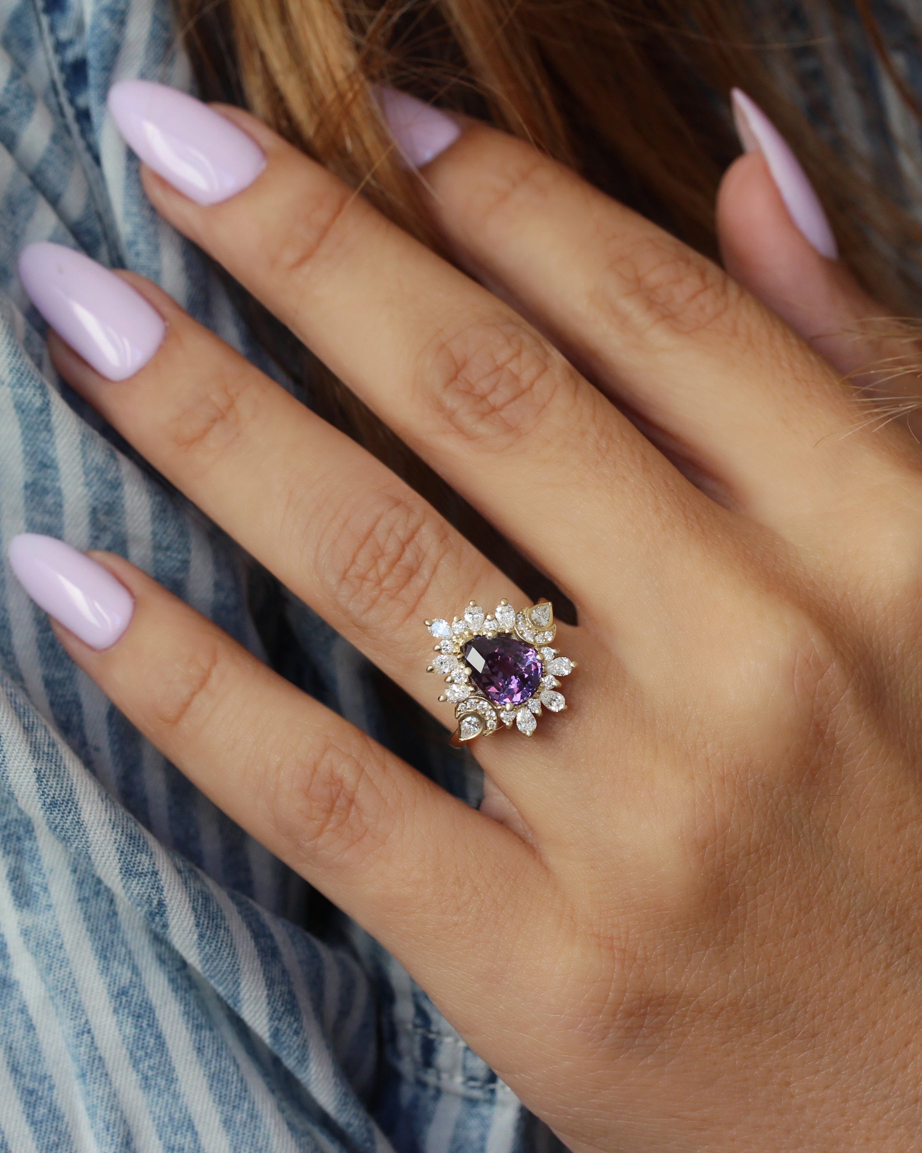 2ct Pear Shape Purple Sapphire Unique Diamond Halo Celestial Moon Engagement Ring, celestial engagement ring, purple sapphire, unique dimaond halo, pear diamond