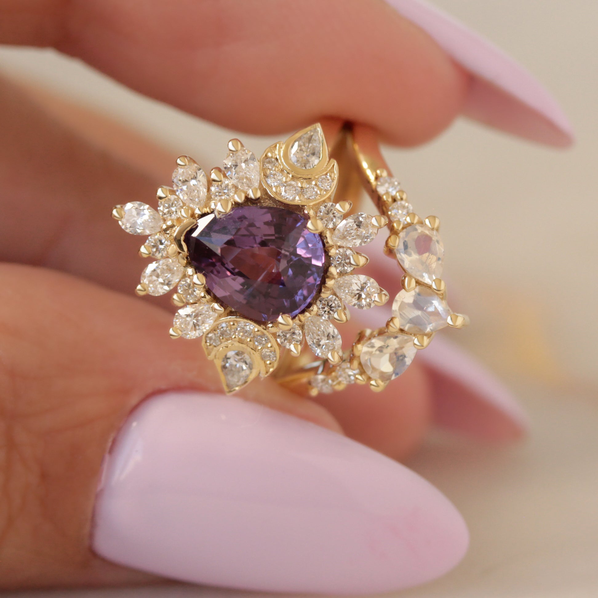 2ct Pear Shape Purple Sapphire Unique Diamond Halo Celestial Moon Engagement Ring, celestial engagement ring, purple sapphire, unique dimaond halo, pear diamond