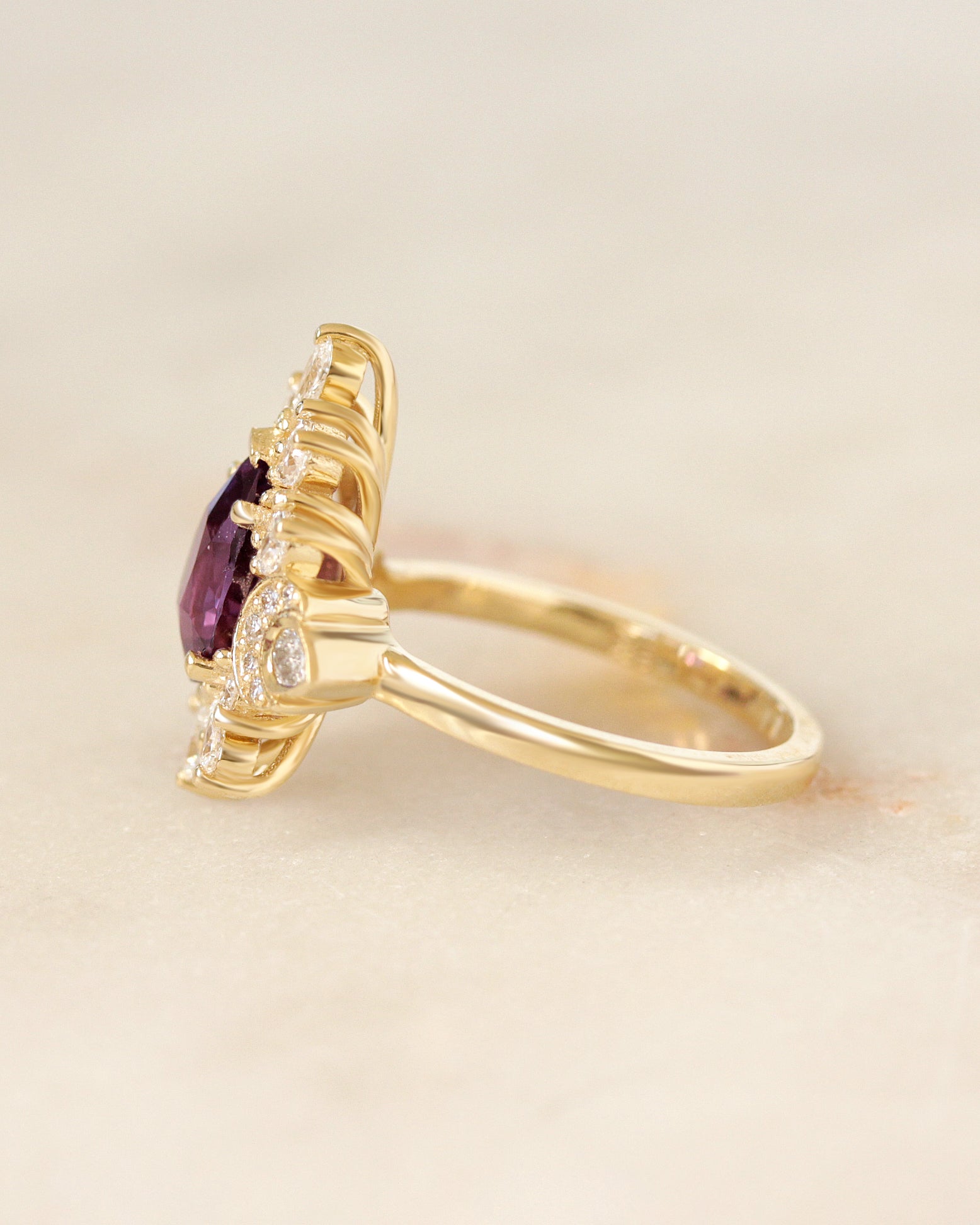 2ct Pear Shape Purple Sapphire Unique Diamond Halo Celestial Moon Engagement Ring, celestial engagement ring, purple sapphire, unique dimaond halo, pear diamond