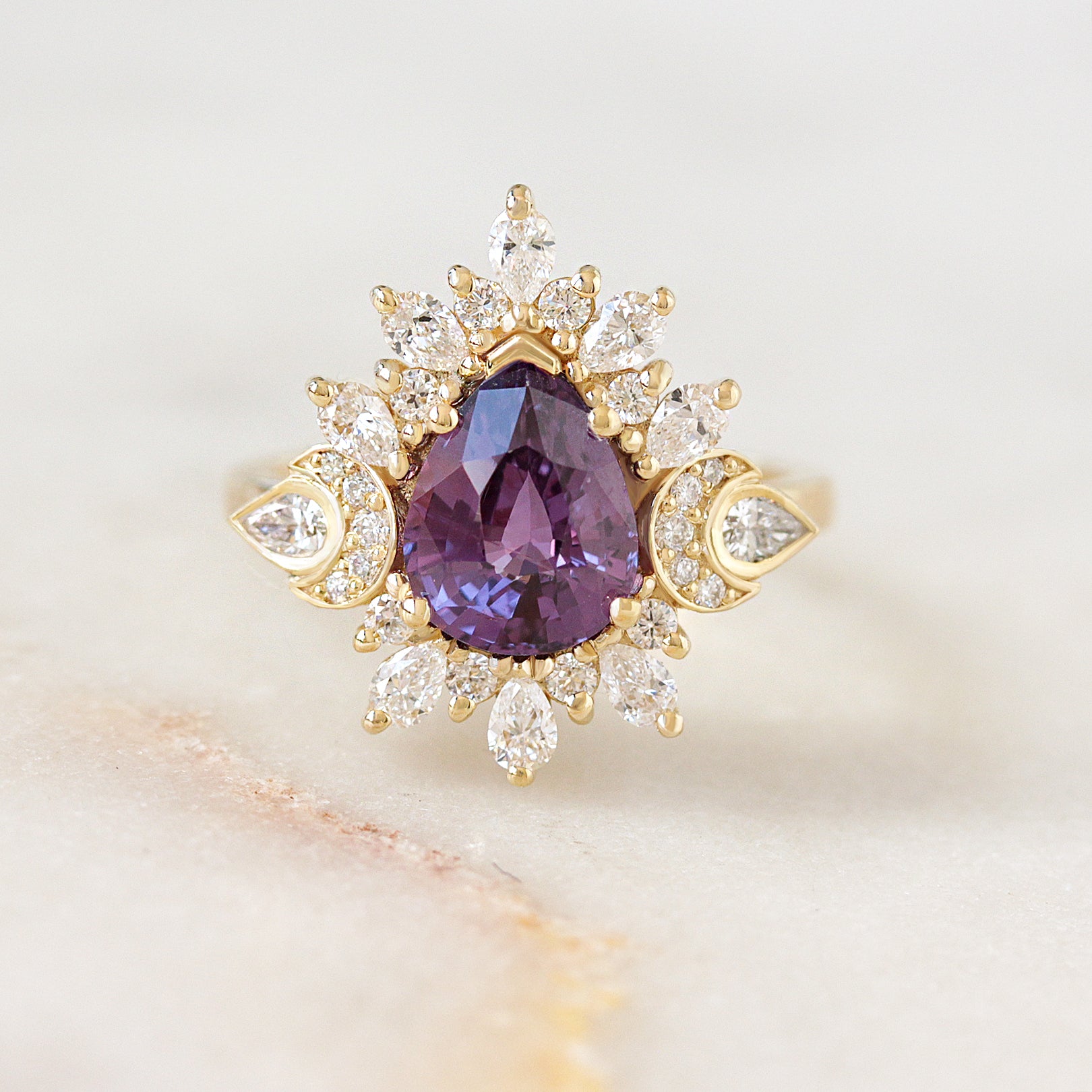 2ct Pear Shape Purple Sapphire Unique Diamond Halo Celestial Moon Engagement Ring, celestial engagement ring, purple sapphire, unique dimaond halo, pear diamond