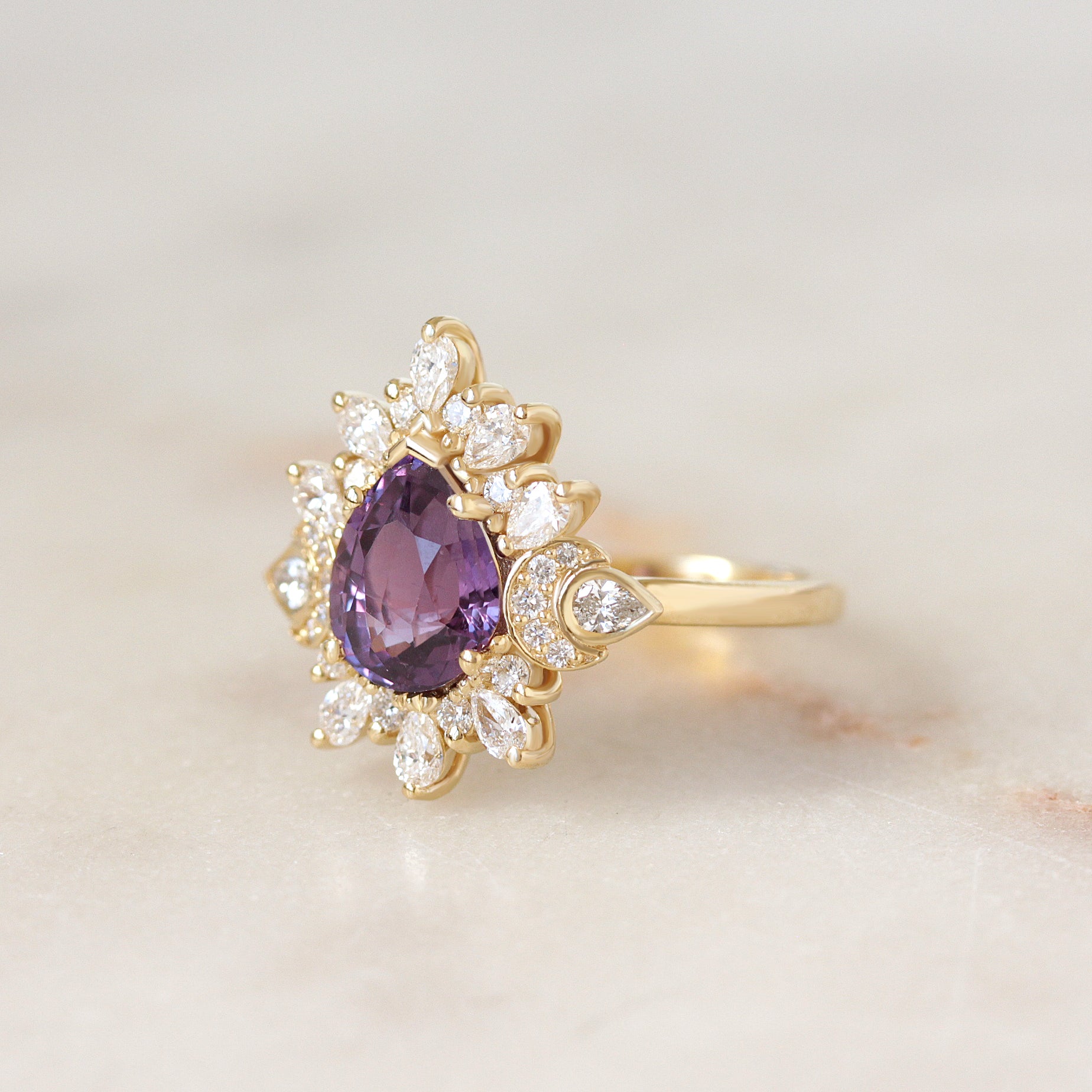 2ct Pear Shape Purple Sapphire Unique Diamond Halo Celestial Moon Engagement Ring, celestial engagement ring, purple sapphire, unique dimaond halo, pear diamond
