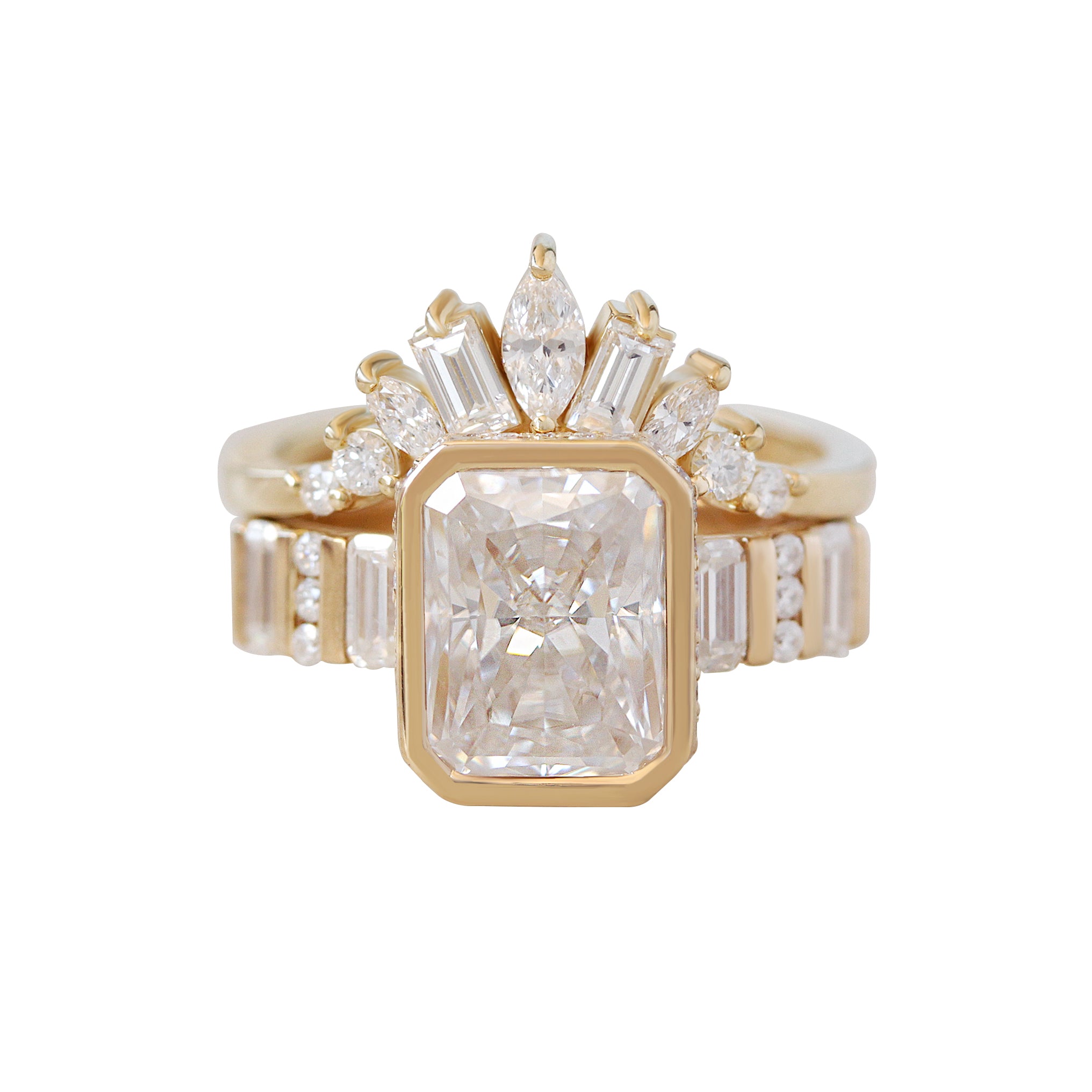 2ct Radiant Diamond Bezel Set with Hidden Halo and Baguette Shank Engagement Ring Urban with Matching Art Deco Nesting Ring Ally V
