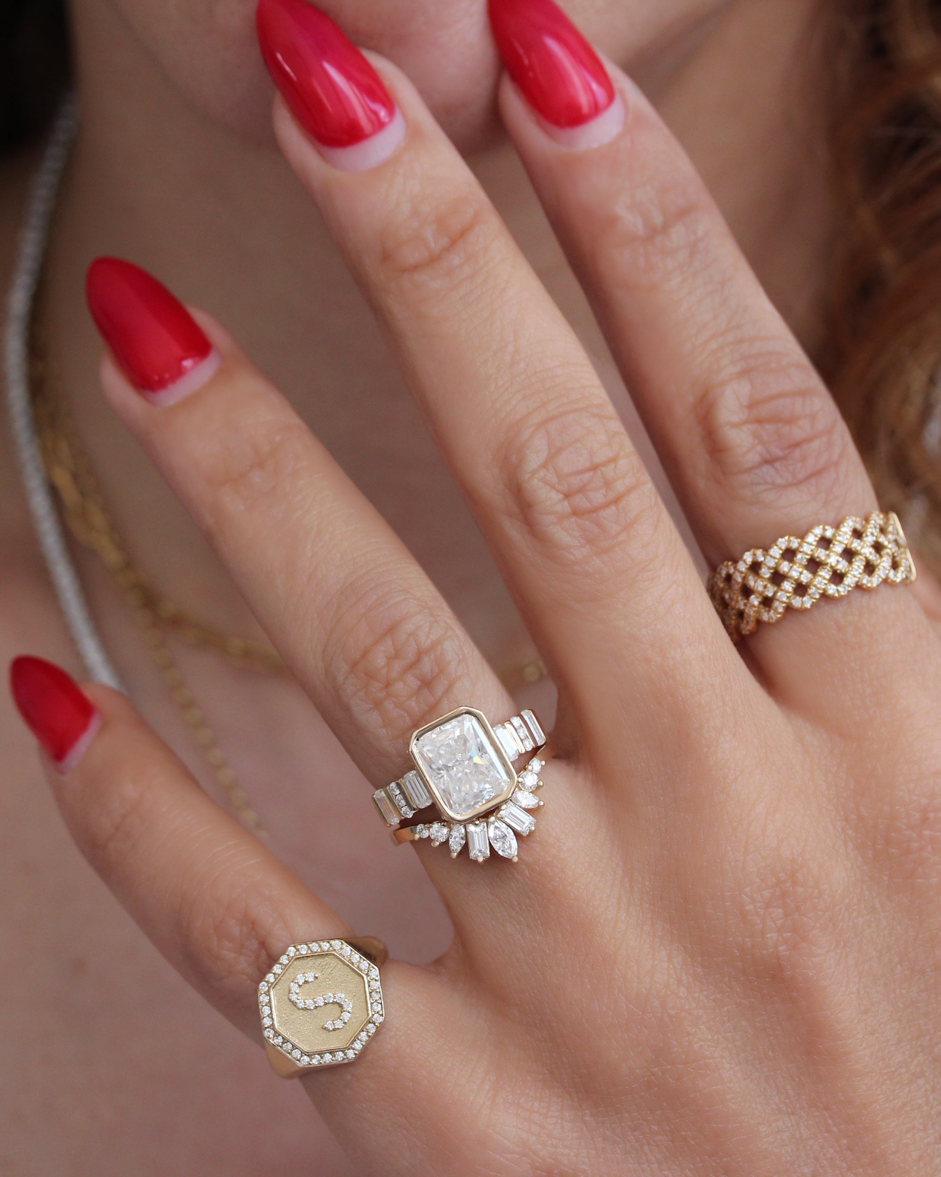 2ct Radiant Diamond Bezel Set with Hidden Halo and Baguette Shank Engagement Ring Urban with Matching Art Deco Nesting Ring Ally V