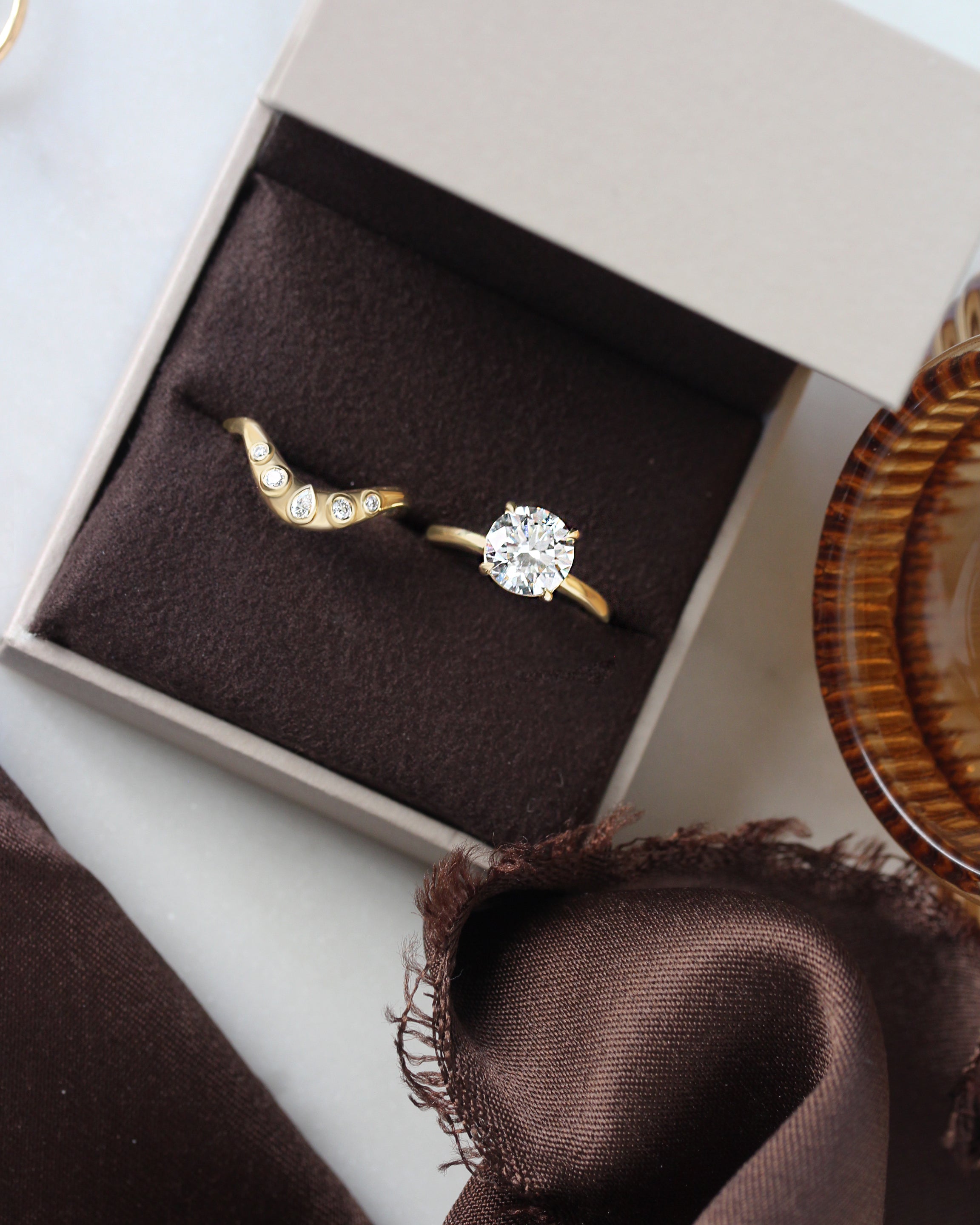 2ct Round Diamond Solitaire Arya with Curve Bold Gold Nesting Ring Mila Pear