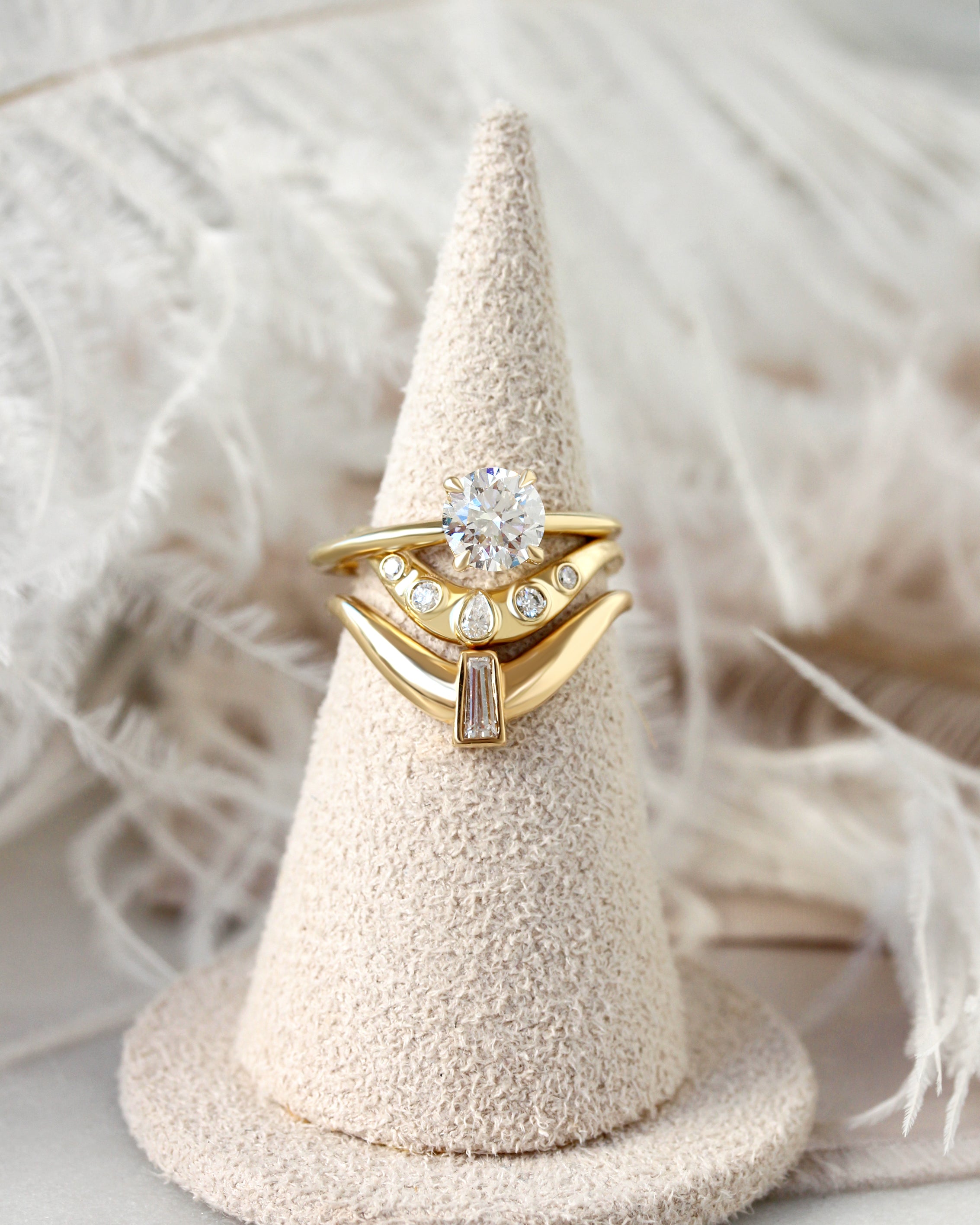 2ct Round Diamond Solitaire Arya with Curve Bold Gold Nesting Ring Mila Pear