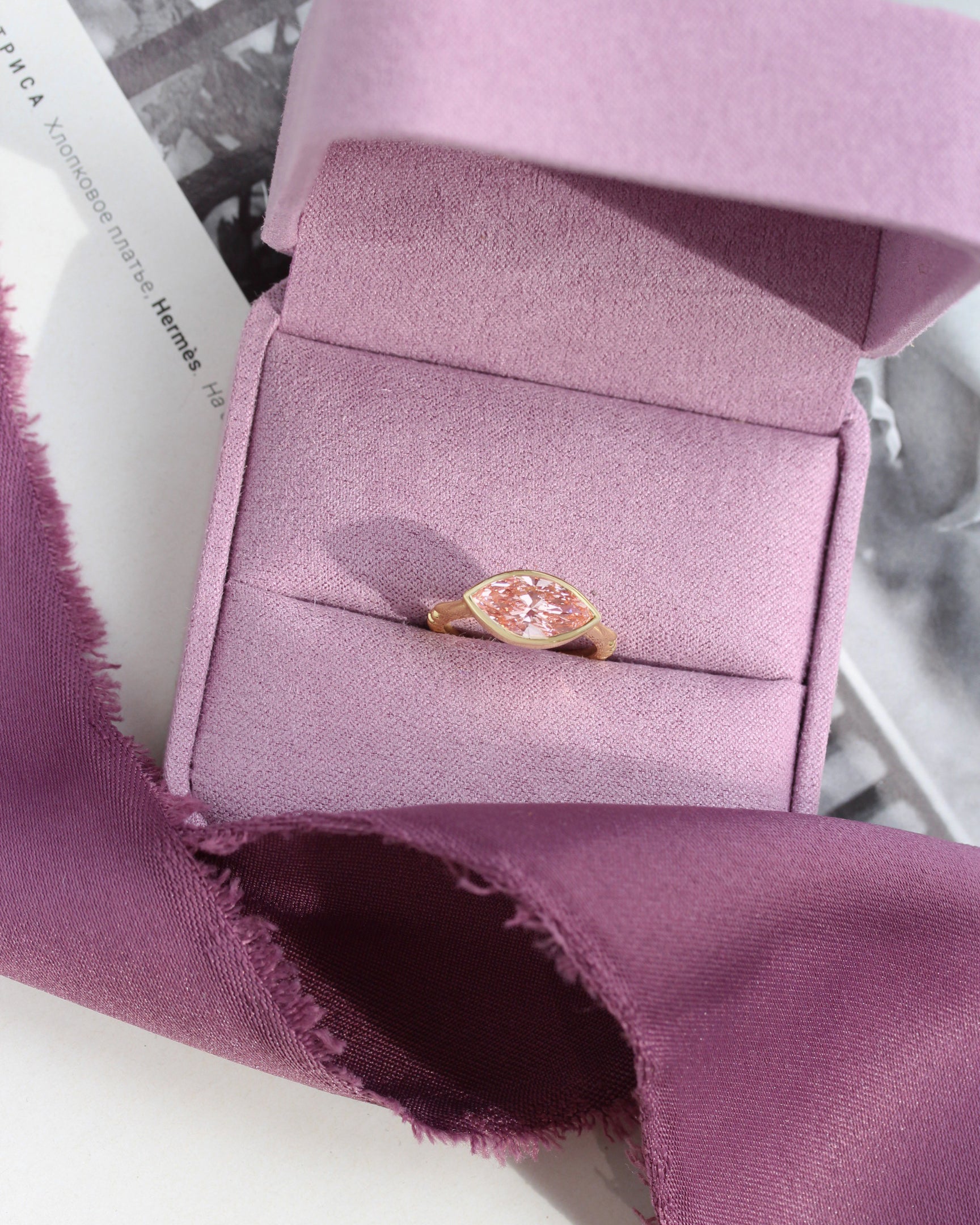 2 Carat Marquise Pink Lab Diamond Bezel Set East West Solitaire Engagement Ring