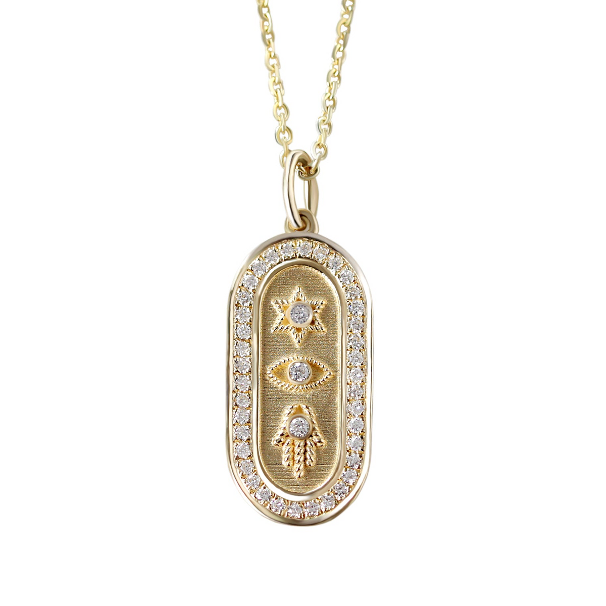 Magen David, Evil Eye, and Hamsa Gold and Diamond Pendant Necklace - Judaica Symbols
