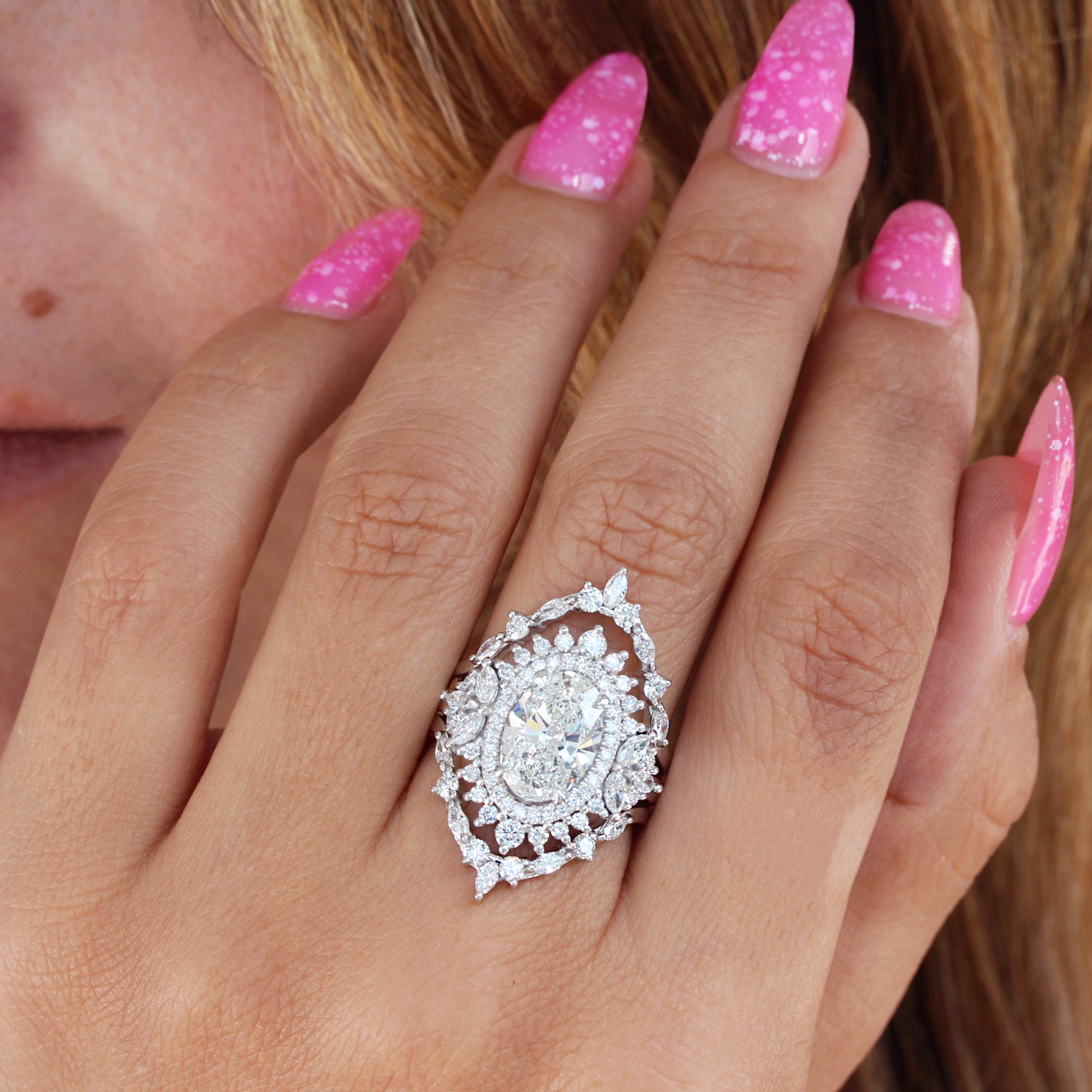3CT Oval Diamond Double Halo Unique Engagement Ring Monaco