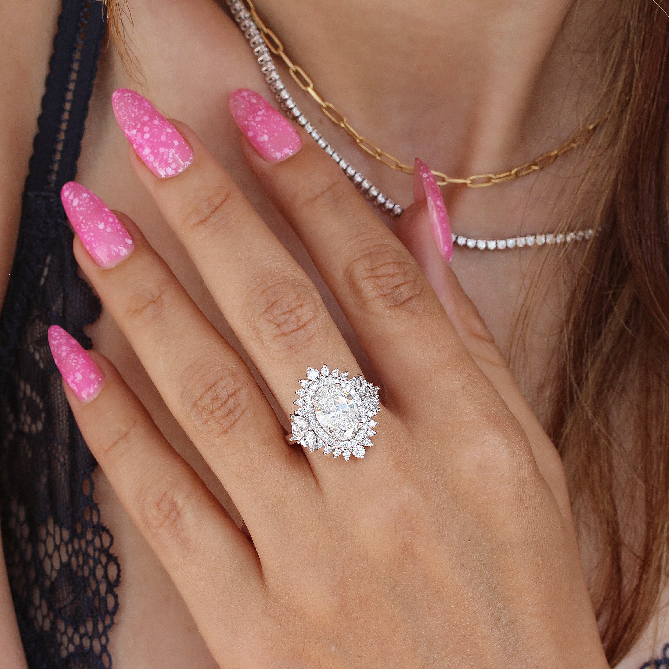 3CT Oval Diamond Double Halo Unique Engagement Ring Monaco