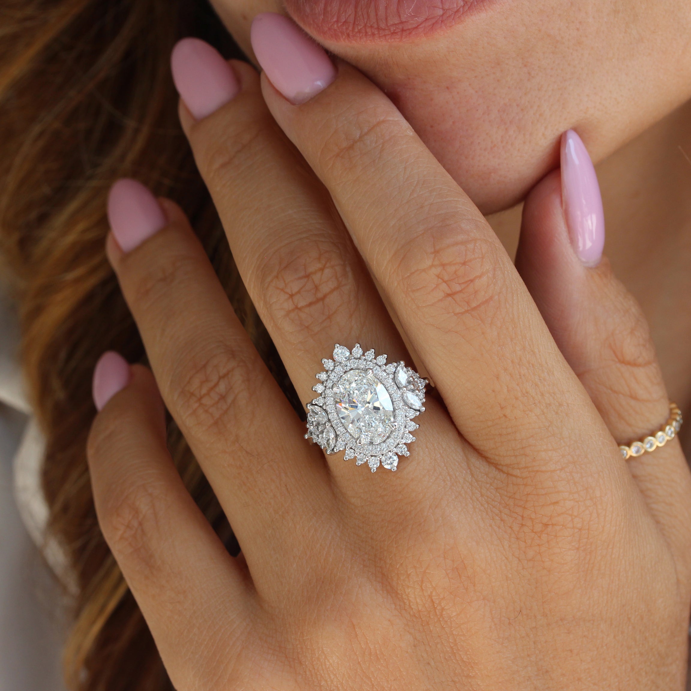 3CT Oval Diamond Double Halo Unique Engagement Ring Monaco
