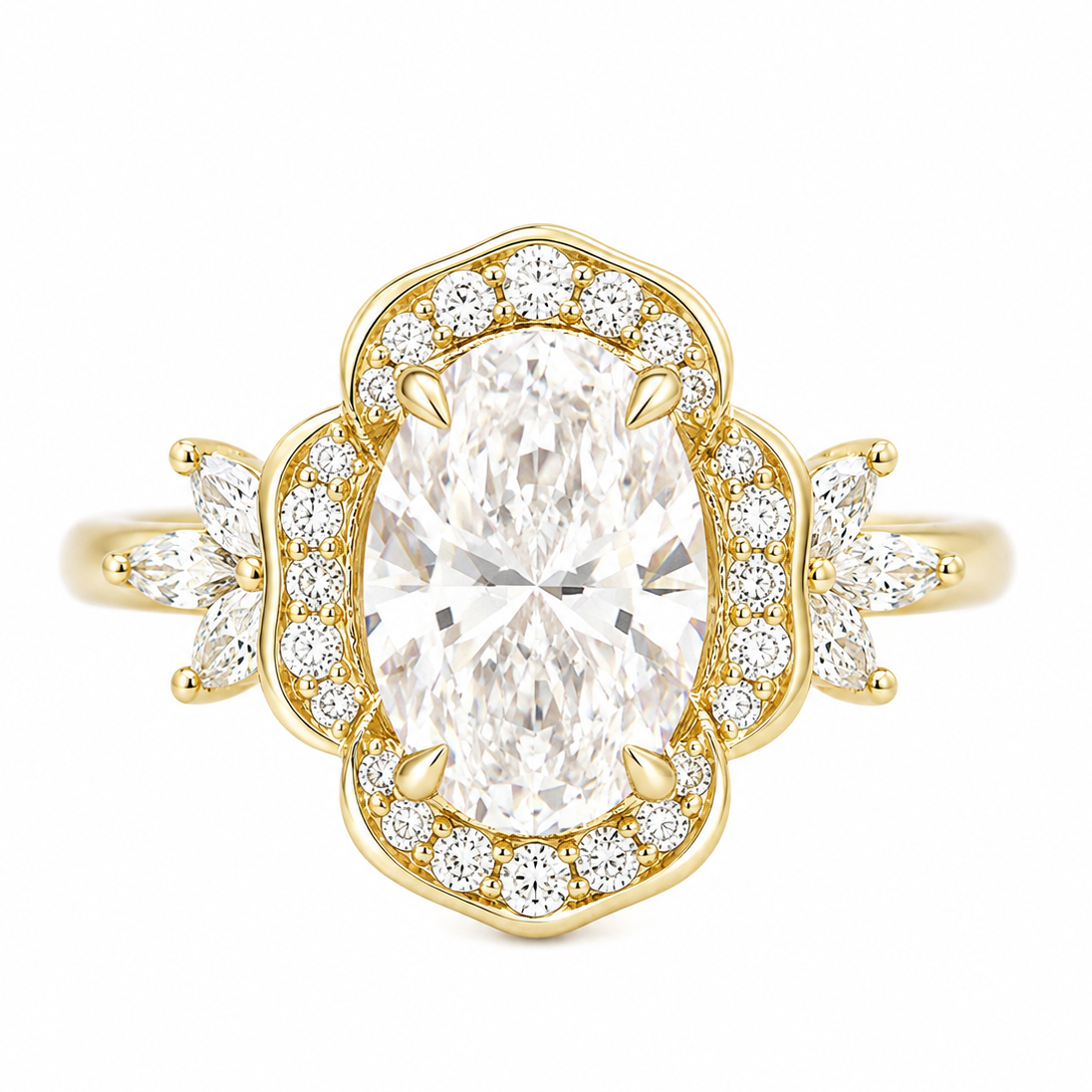 3ct oval diamond engagement ring A yellow gold ring featuring a large oval-cut clear center stone surrounded by a scalloped halo of small round stones, with smaller side stones on the band, set against a plain white background.