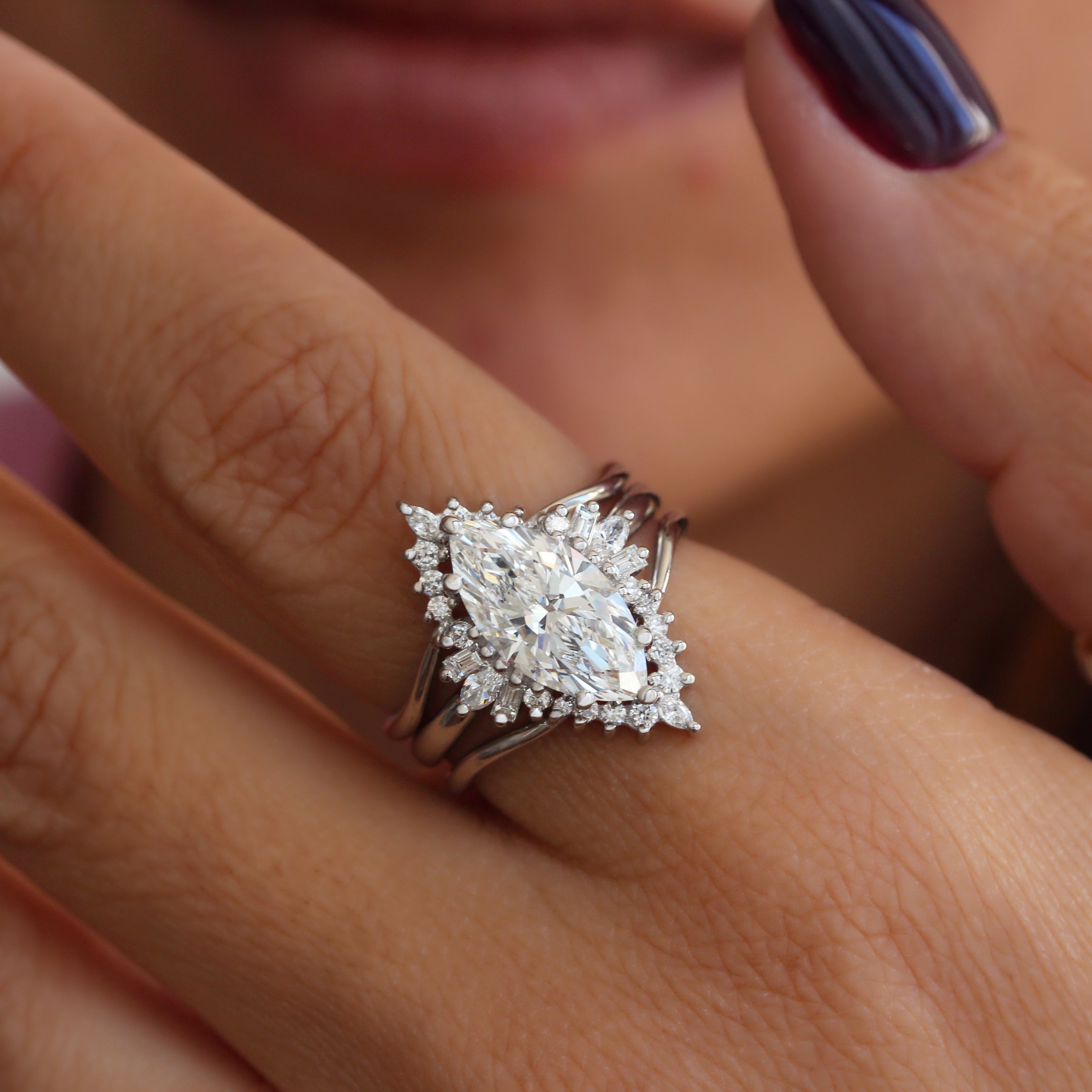 3 Carat Marquise Lab Diamond Modern Engagement Ring with Two Matching V Nesting Rings - Ashley