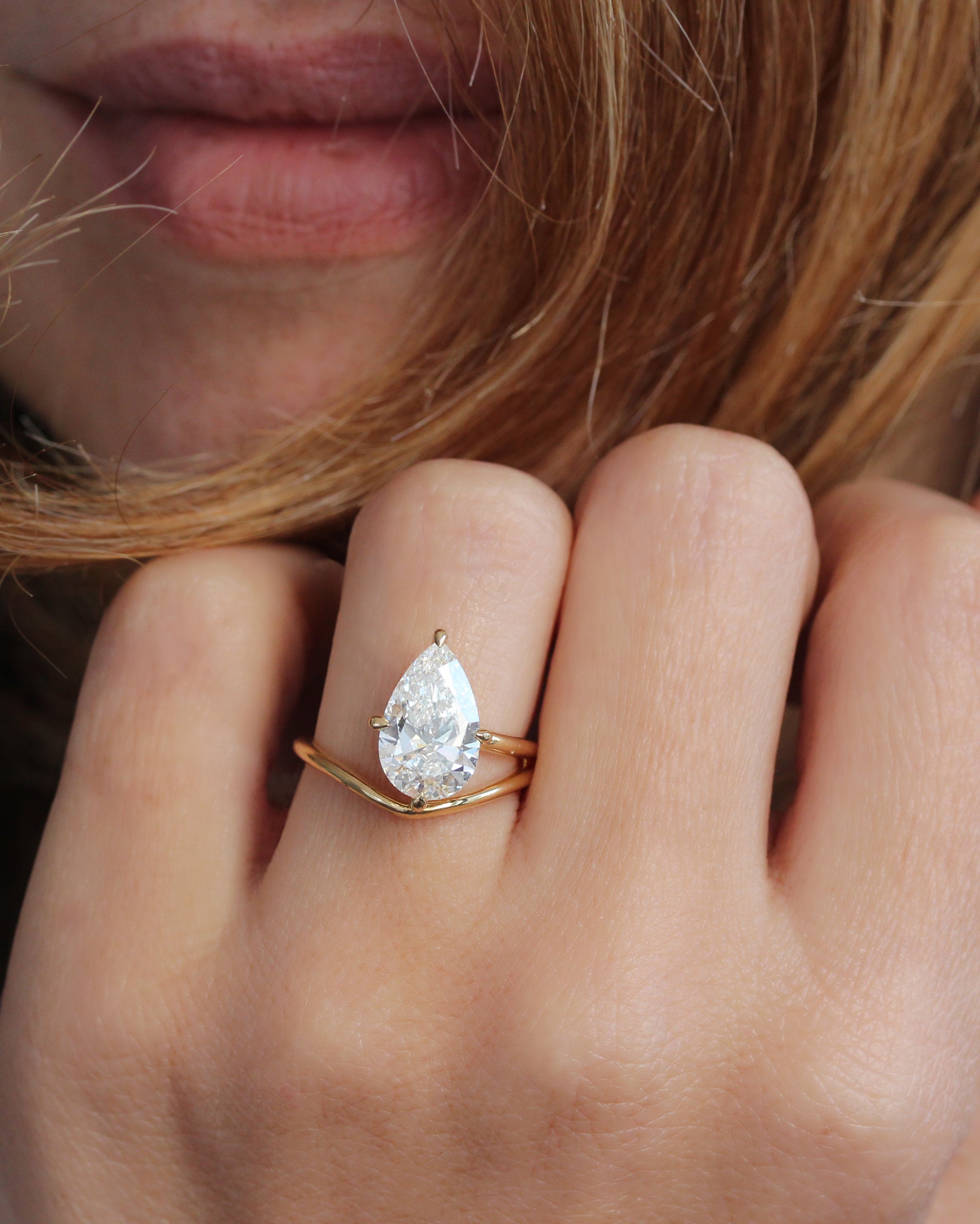 3 Carat Pear Shaped Diamond Engagement Ring with Hidden Halo - Minimalist Modern Solitaire Band - Jadore