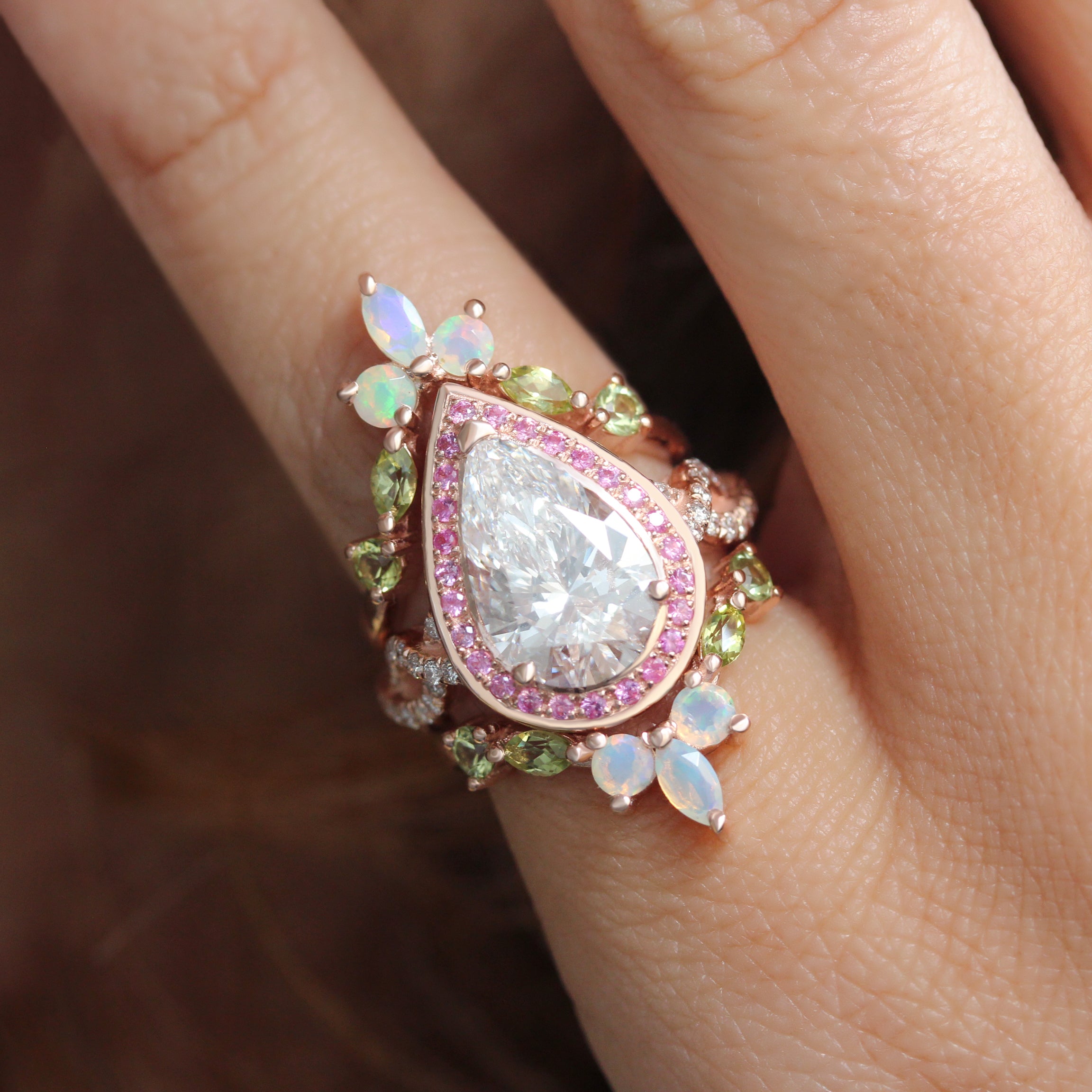 3 Carat Pear Diamond Engagement Ring, Pink Sapphires Halo, Twist Shank, Pink Engagement Ring