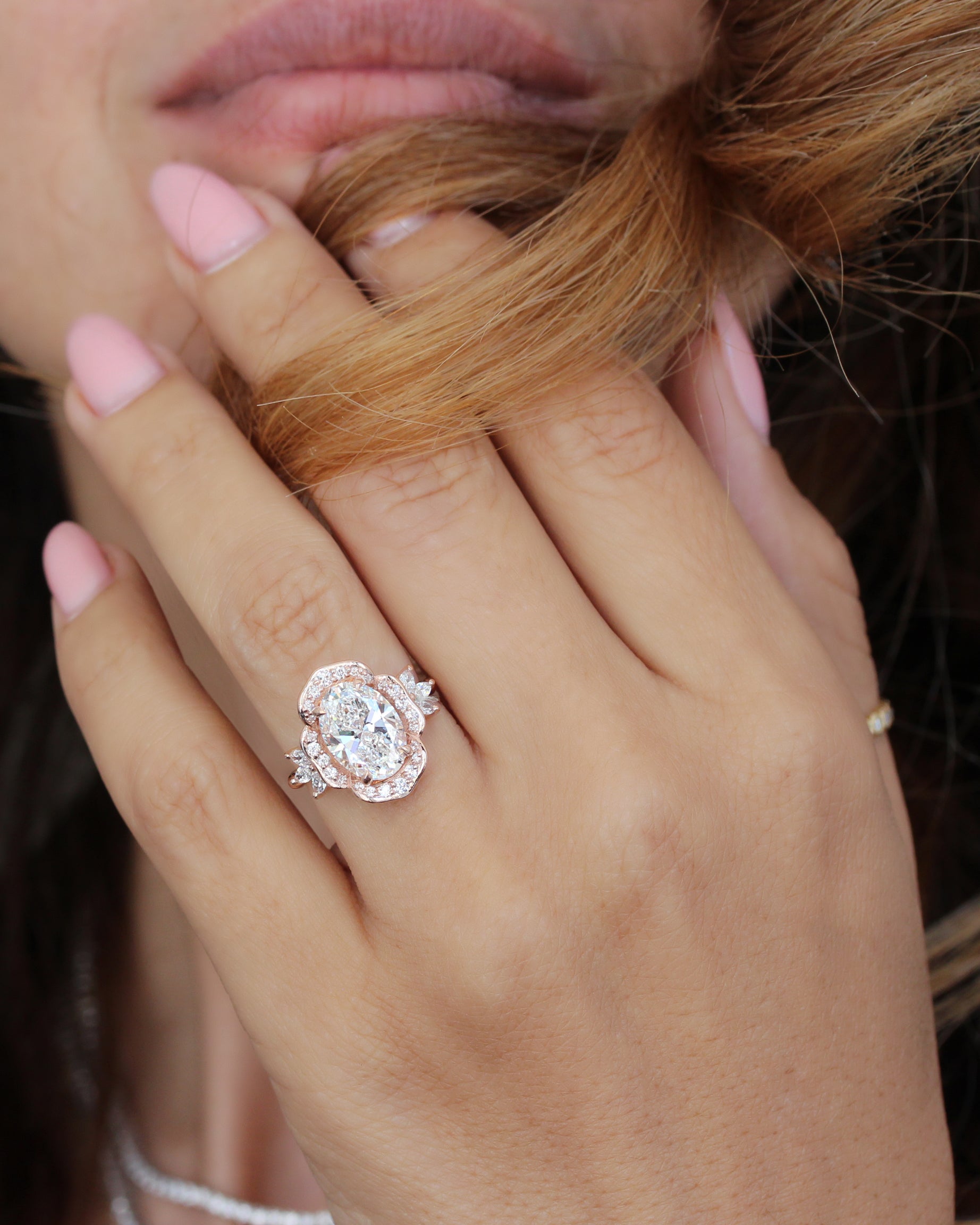 3 Carat Oval Lab Diamond Flower Engagement Ring, Cemellia, flower engagement ring, birthflower ring