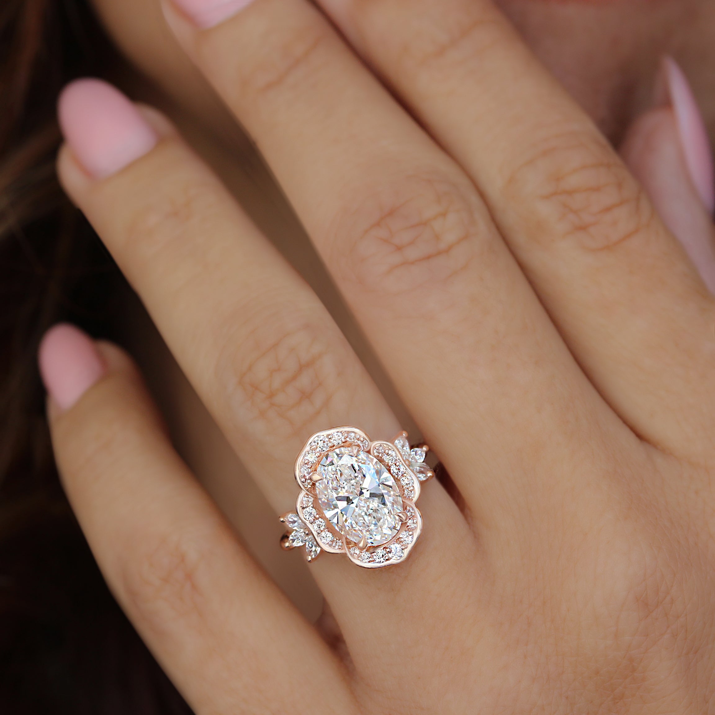 3 Carat Oval Lab Diamond Flower Engagement Ring, Cemellia, flower engagement ring, birthflower ring