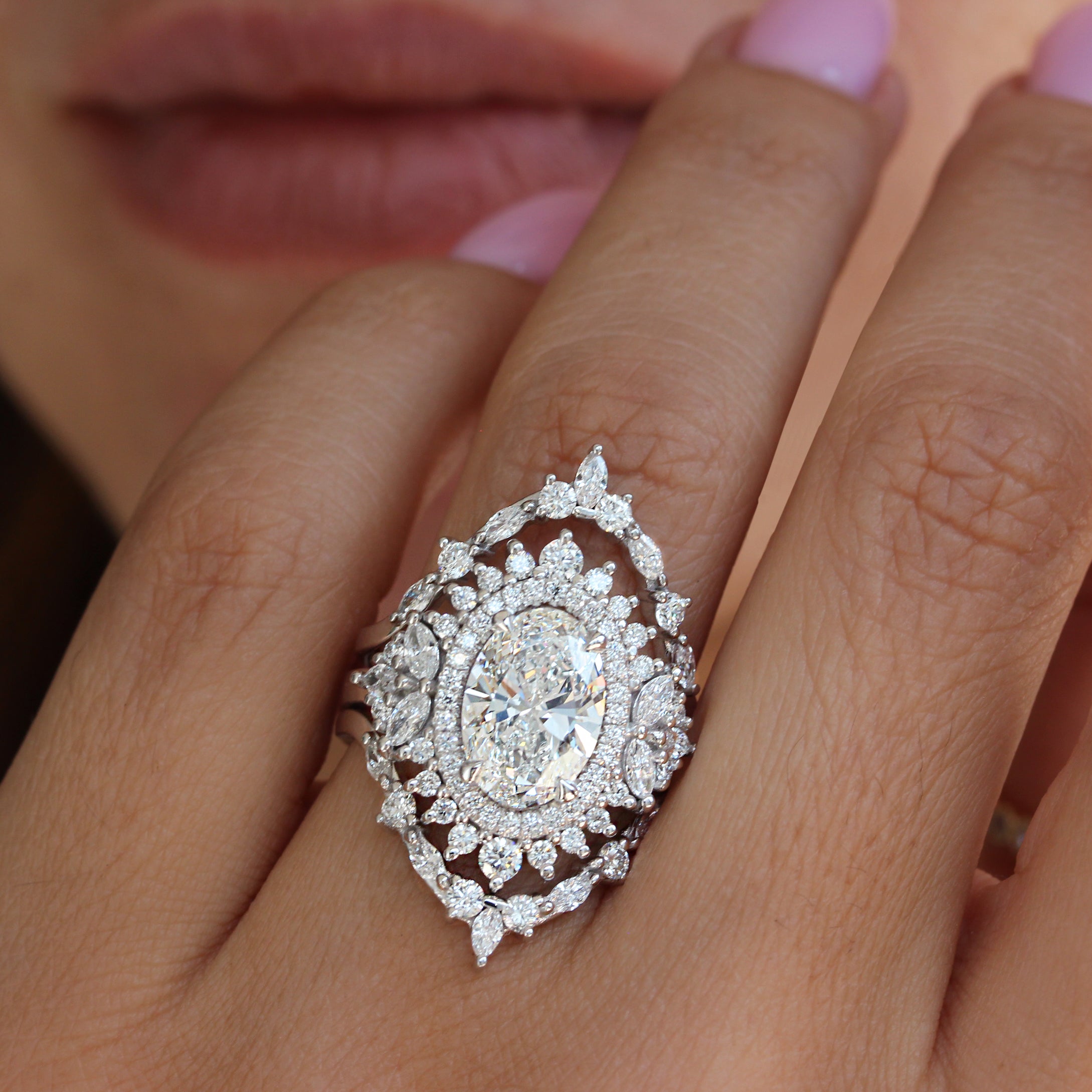 3CT Oval Diamond Double Halo Unique Engagement Ring Monaco