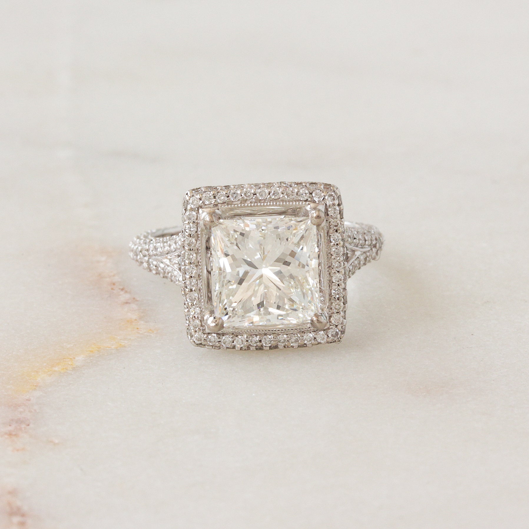 3CT Princess Cut Diamond Pave Halo, engagement ring and pendant, GIA certified.
