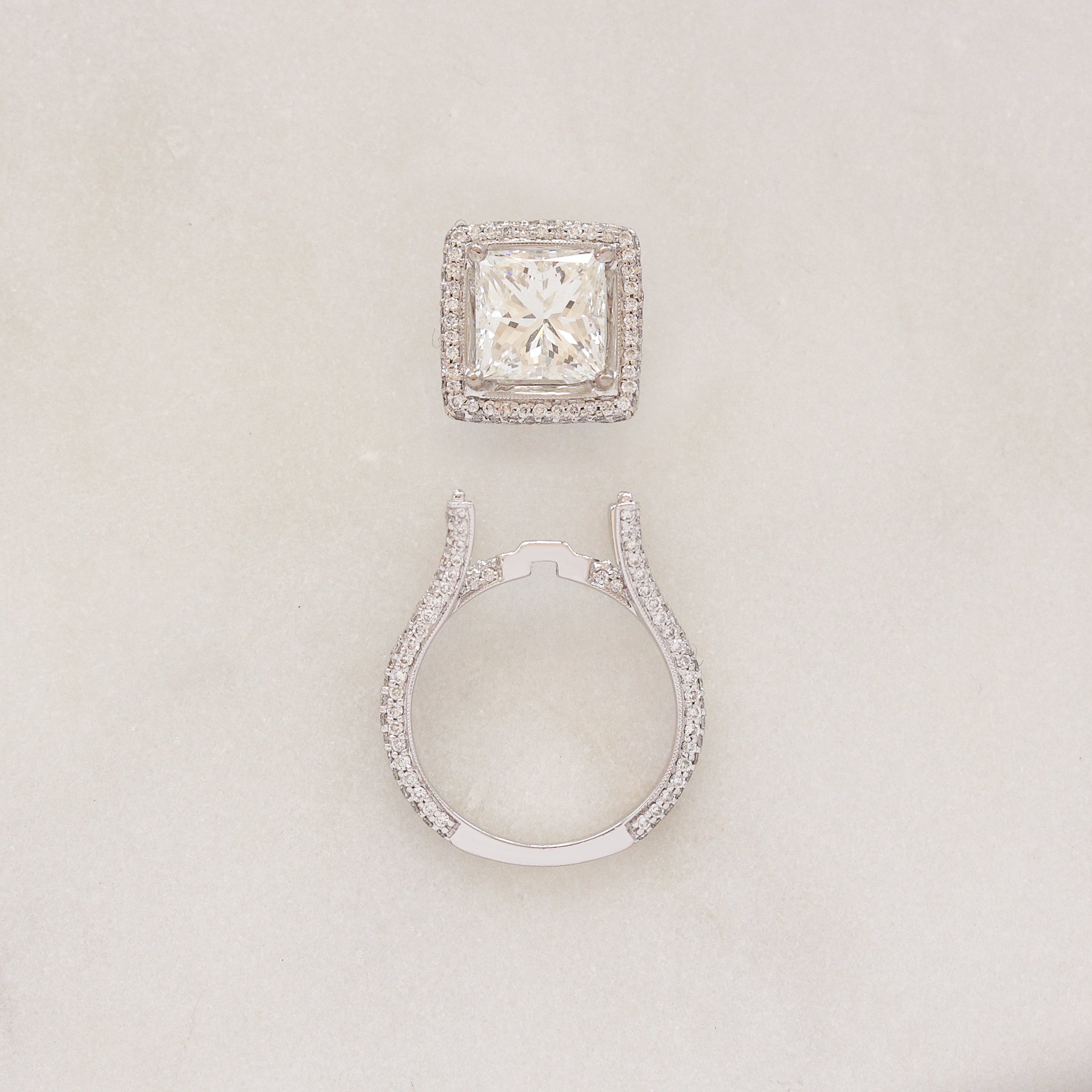 3CT Princess Cut Diamond Pave Halo, engagement ring and pendant, GIA certified.