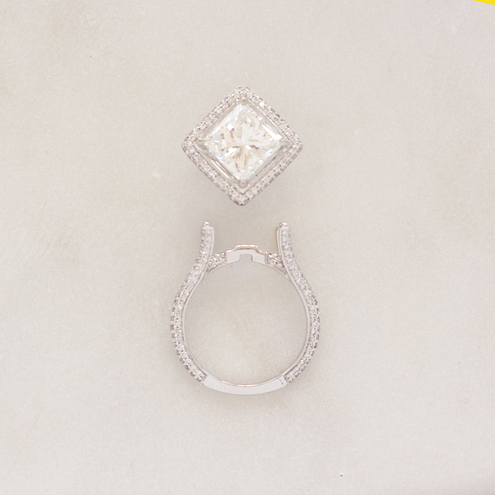 3CT Princess Cut Diamond Pave Halo, engagement ring and pendant, GIA certified.