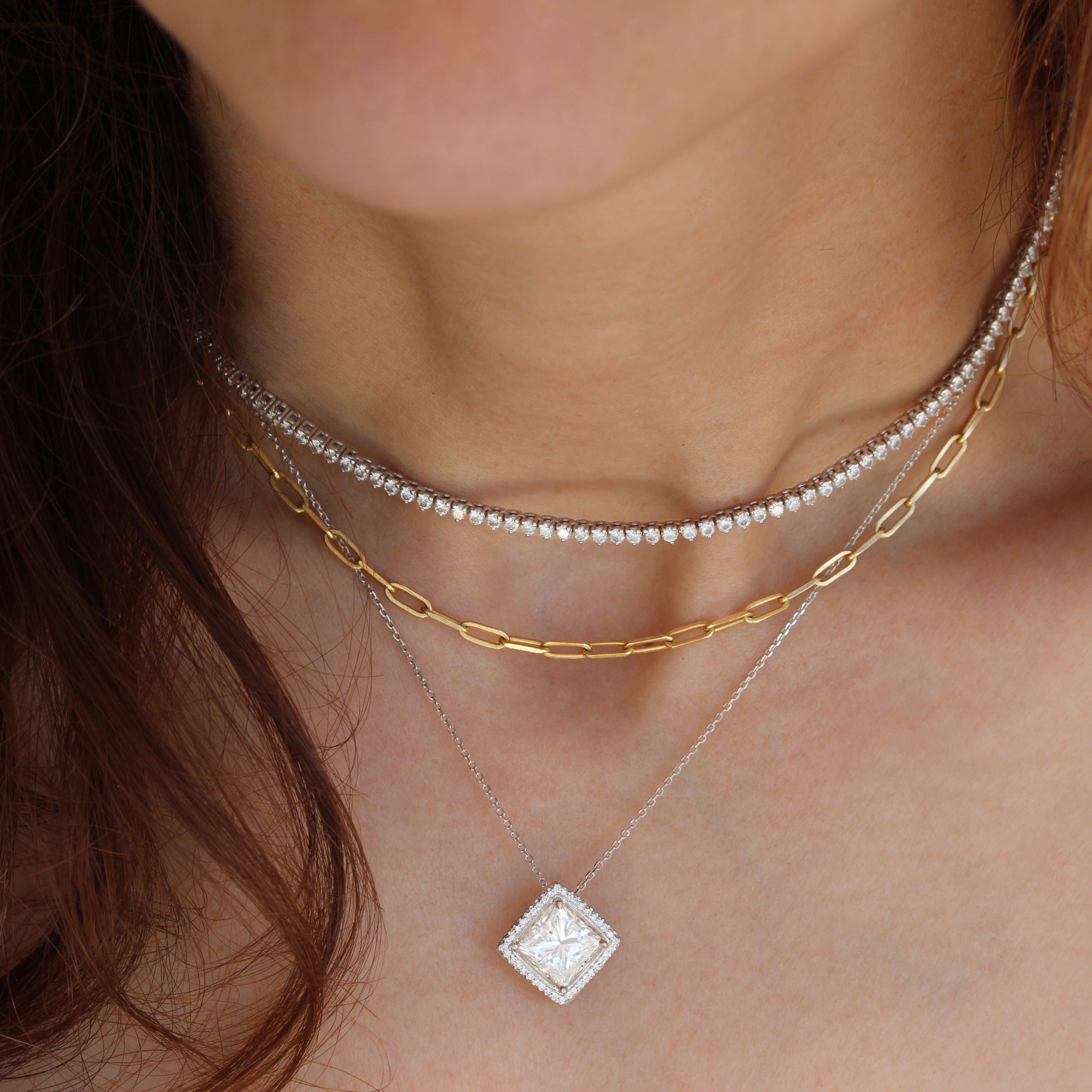 3CT Princess Cut Diamond Pave Halo, engagement ring and pendant, GIA certified.