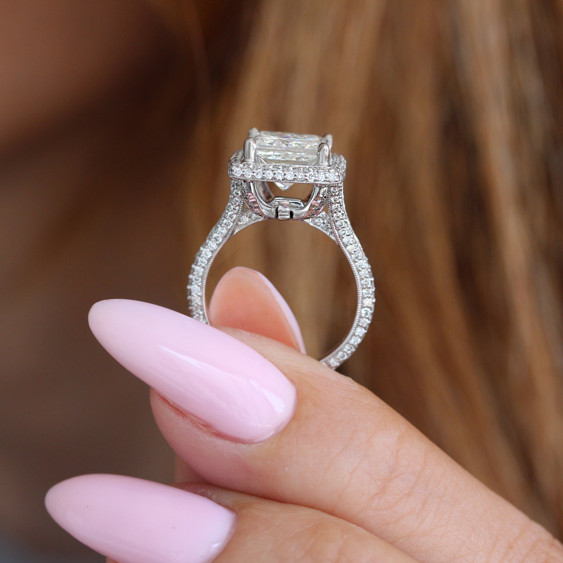 3CT Princess Cut Diamond Pave Halo, engagement ring and pendant, GIA certified.