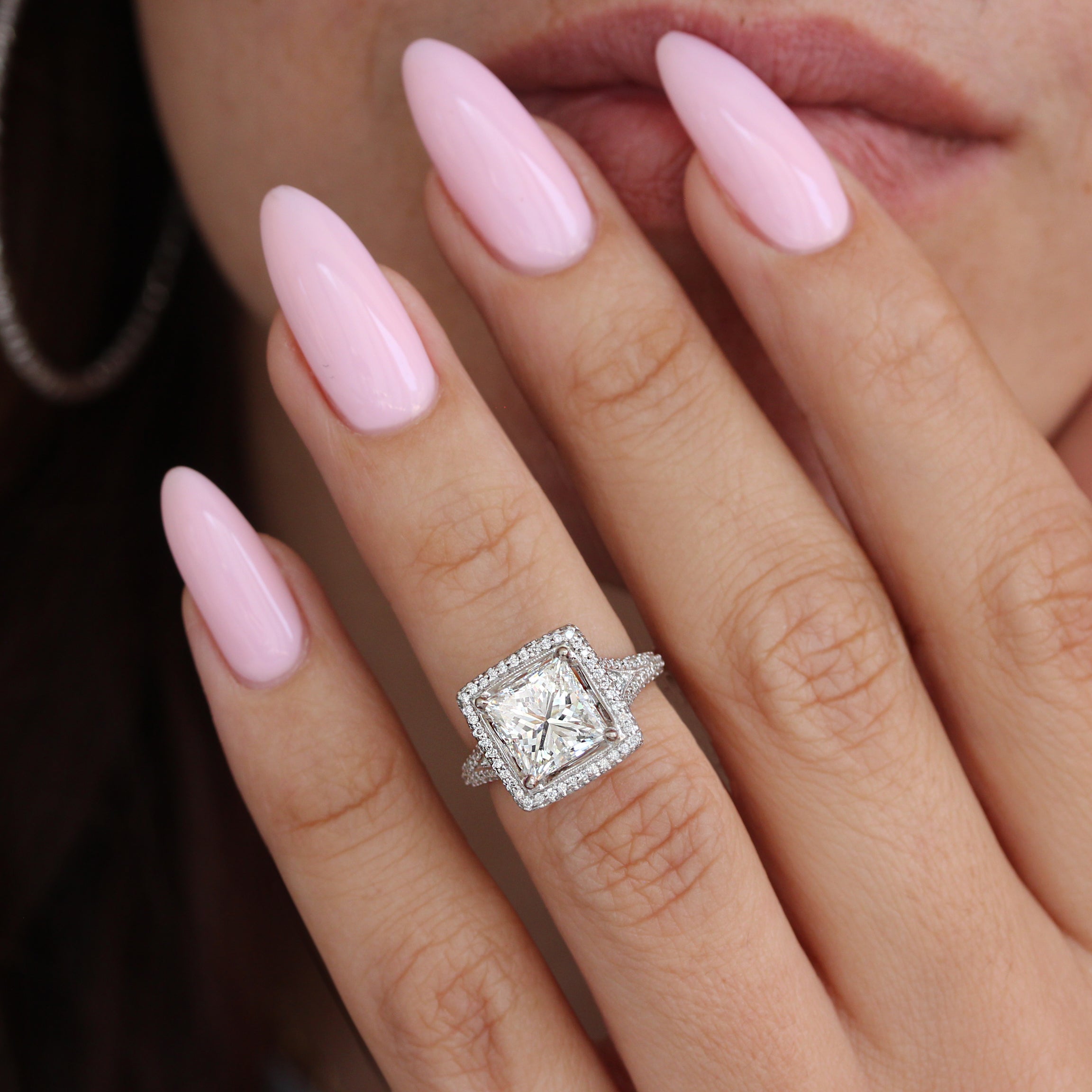 3CT Princess Cut Diamond Pave Halo, engagement ring and pendant, GIA certified.