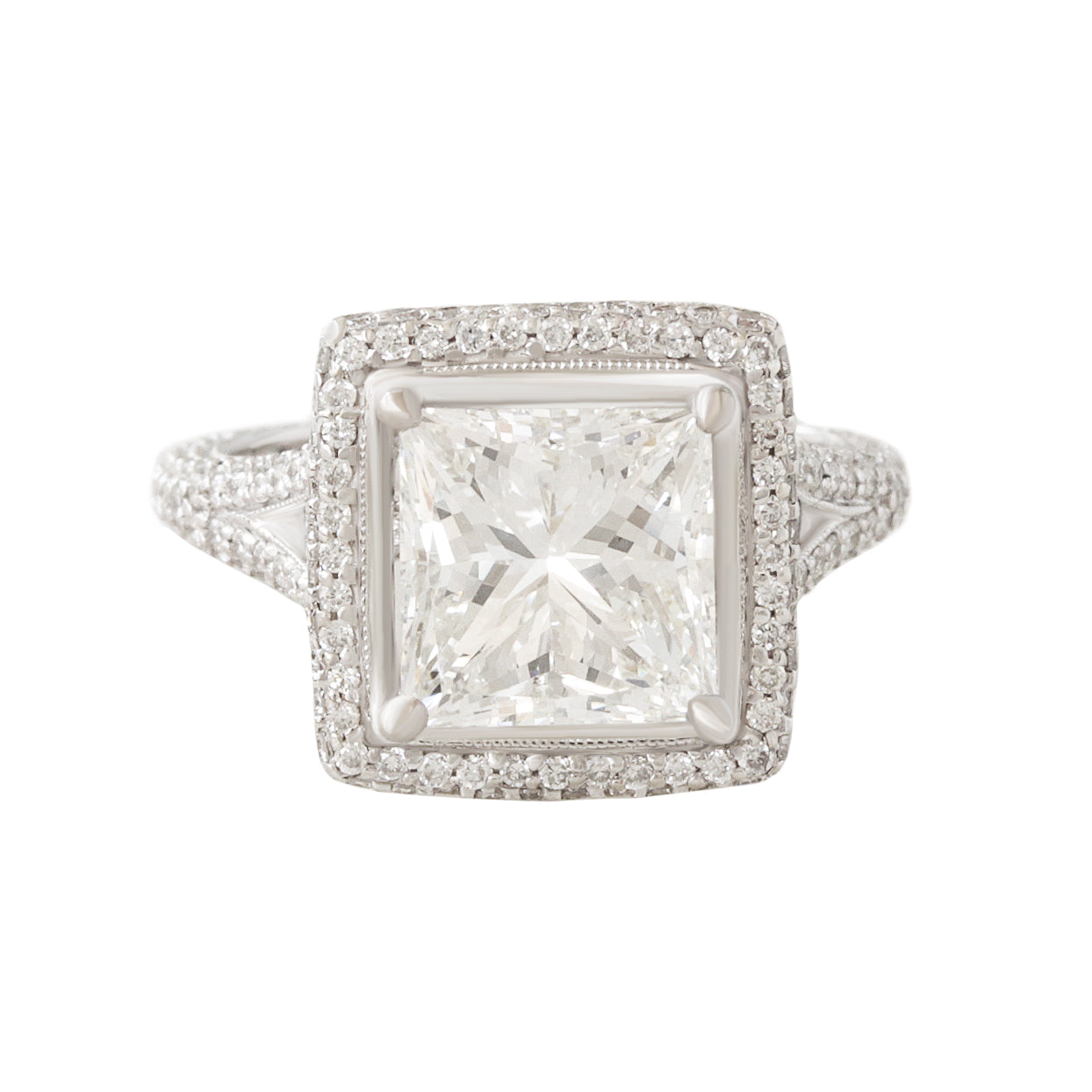 3CT Princess Cut Diamond Pave Halo, engagement ring and pendant, GIA certified.