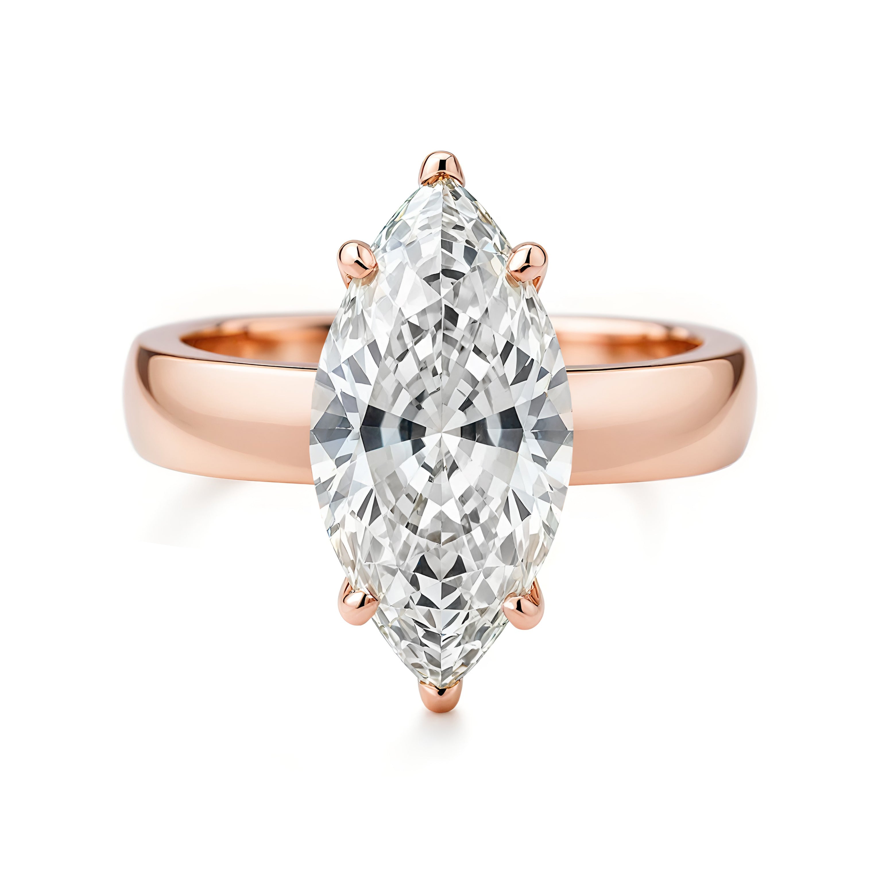 Wide Band Marquise Diamond Solitaire 4mm Band Engagement Ring rose gold