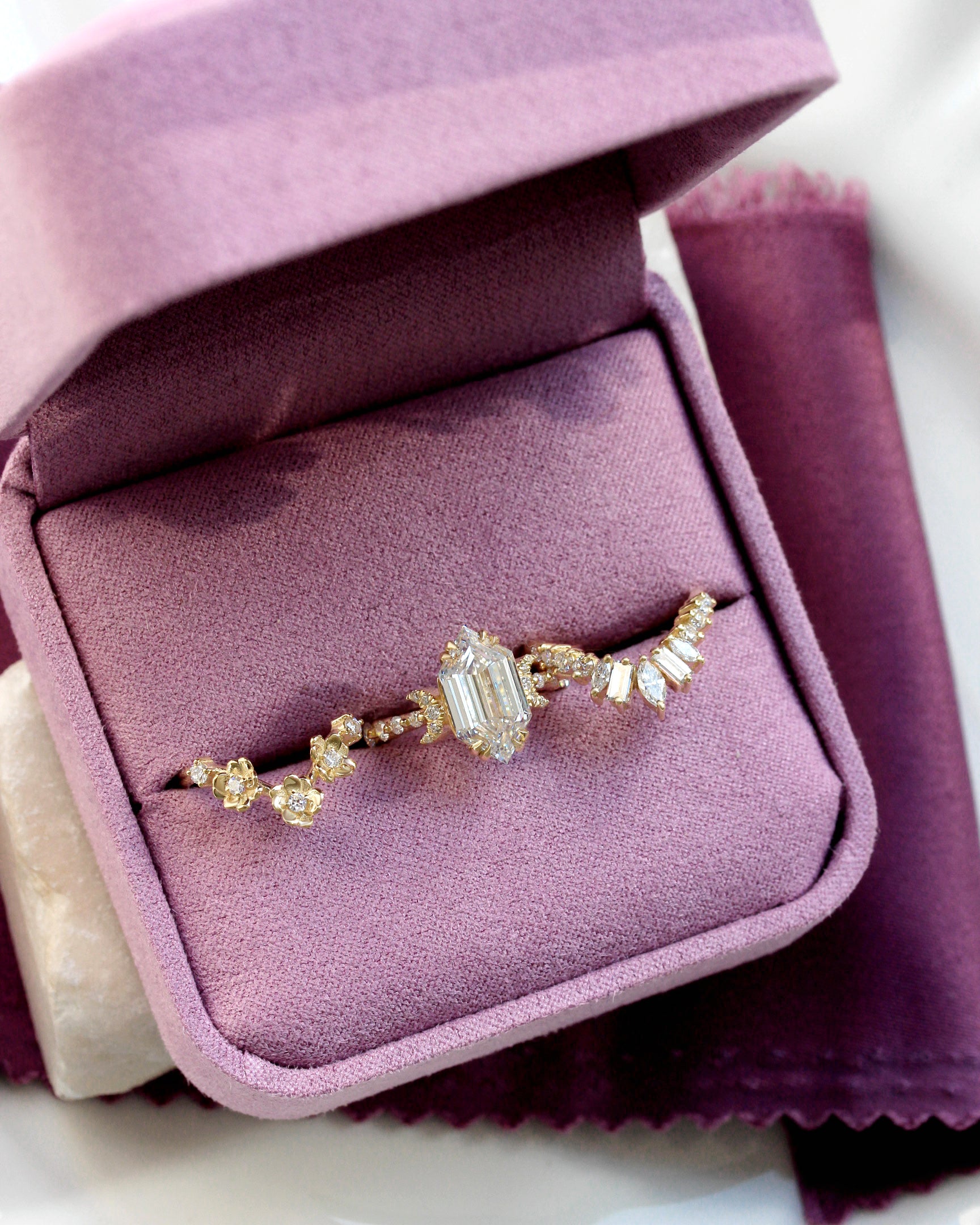 3 Carat Elongated Hexagon Lab Diamond Celestial Moon, Flowers, Three Ring Set