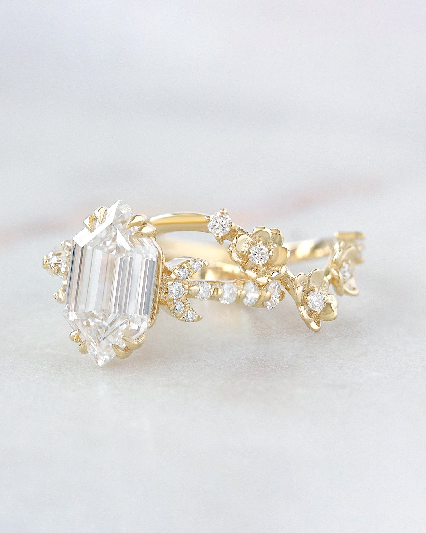 3 Carat Elongated Hexagon Lab Diamond Celestial Moon, Flowers, Three Ring Set