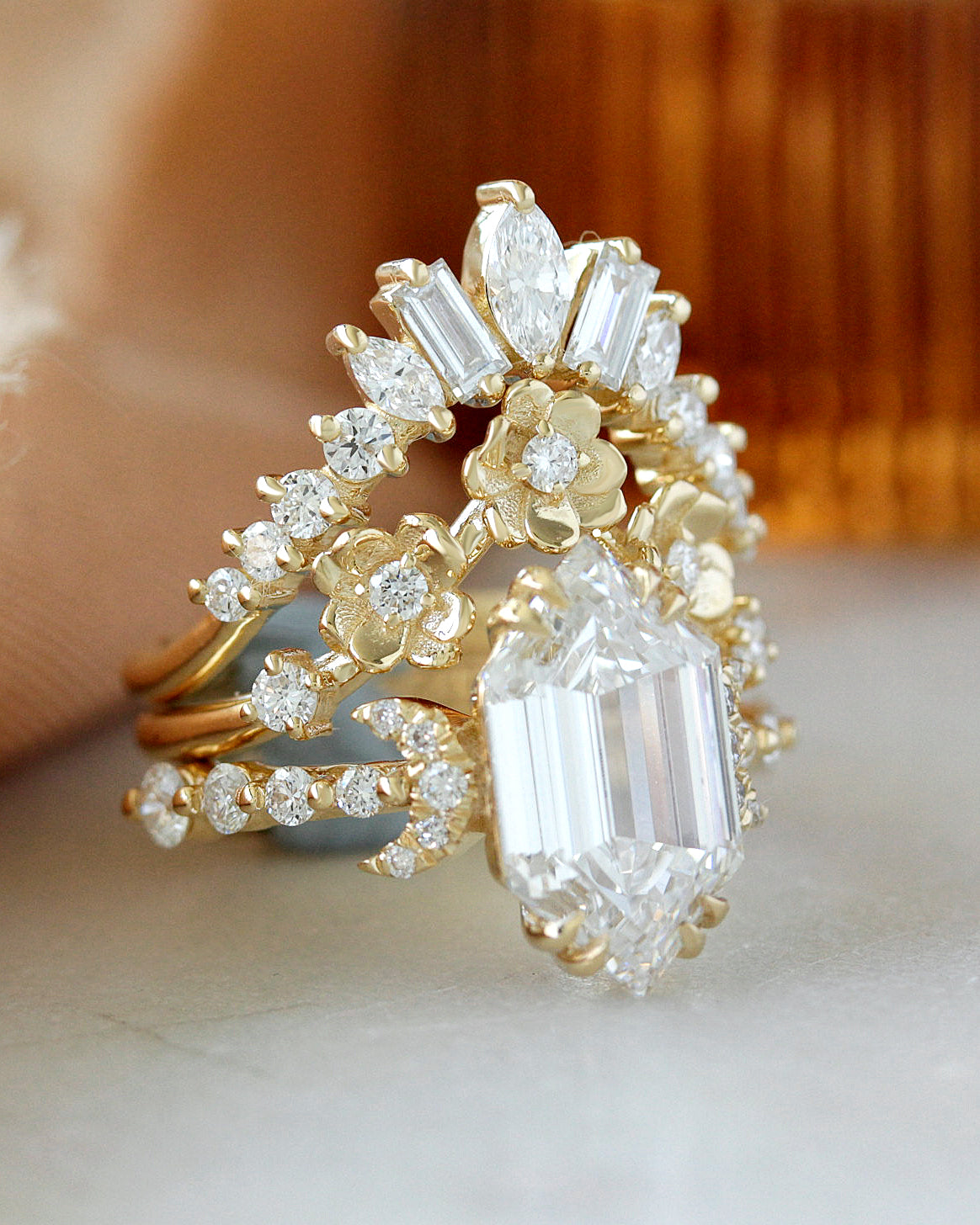 3 Carat Elongated Hexagon Lab Diamond Celestial Moon, Flowers, Three Ring Set