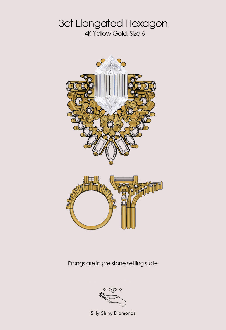 3 Carat Elongated Hexagon Lab Diamond Celestial Moon, Flowers, Three Ring Set