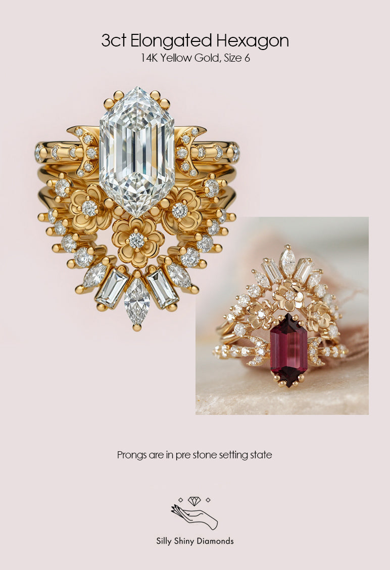 Private Link for Karie- 3 Carat Elongated Hexagon Lab Diamond Celestial Moon, Flowers, Three Ring Set.