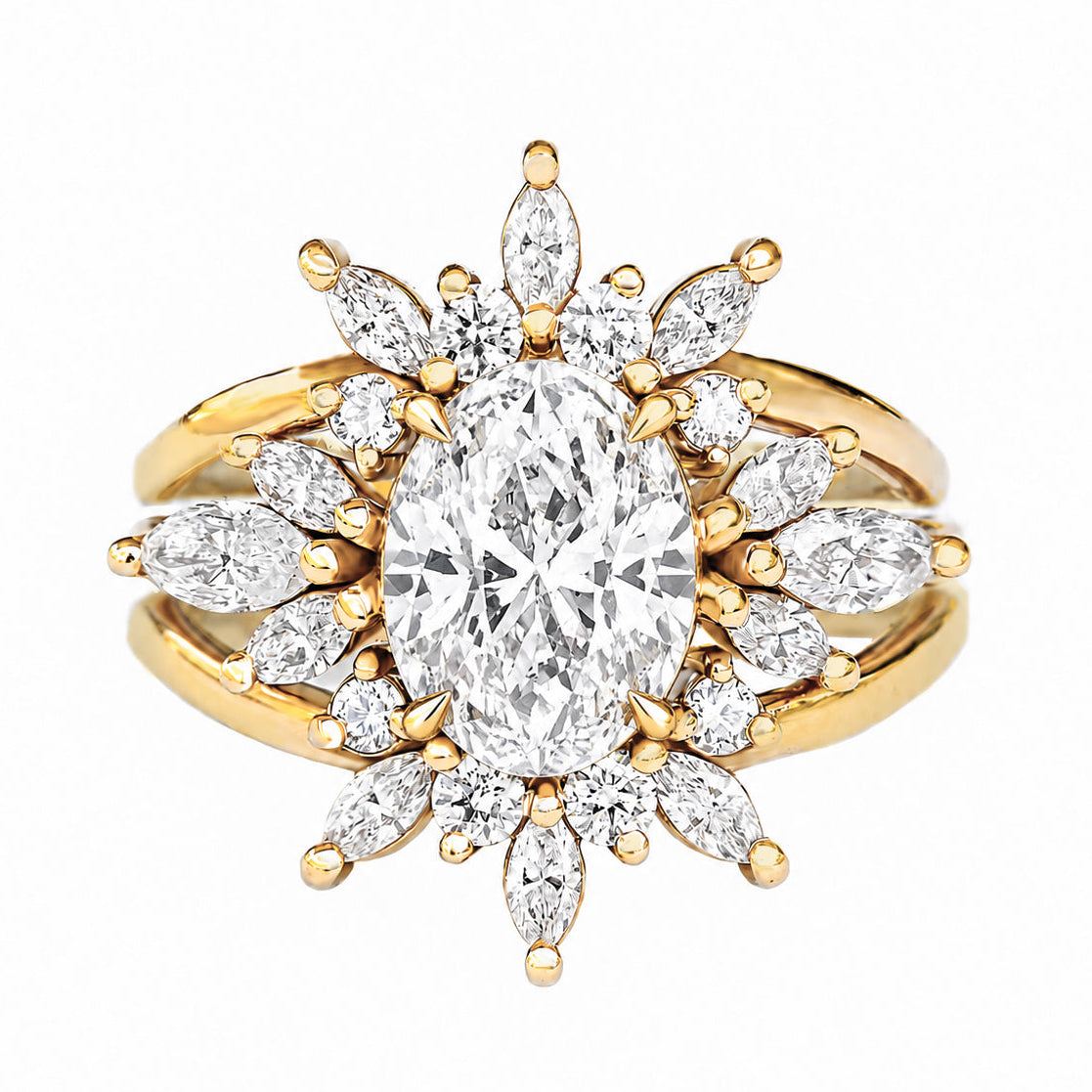 1.50 oval diamond unique engagement ring set yellow gold Athena Crown