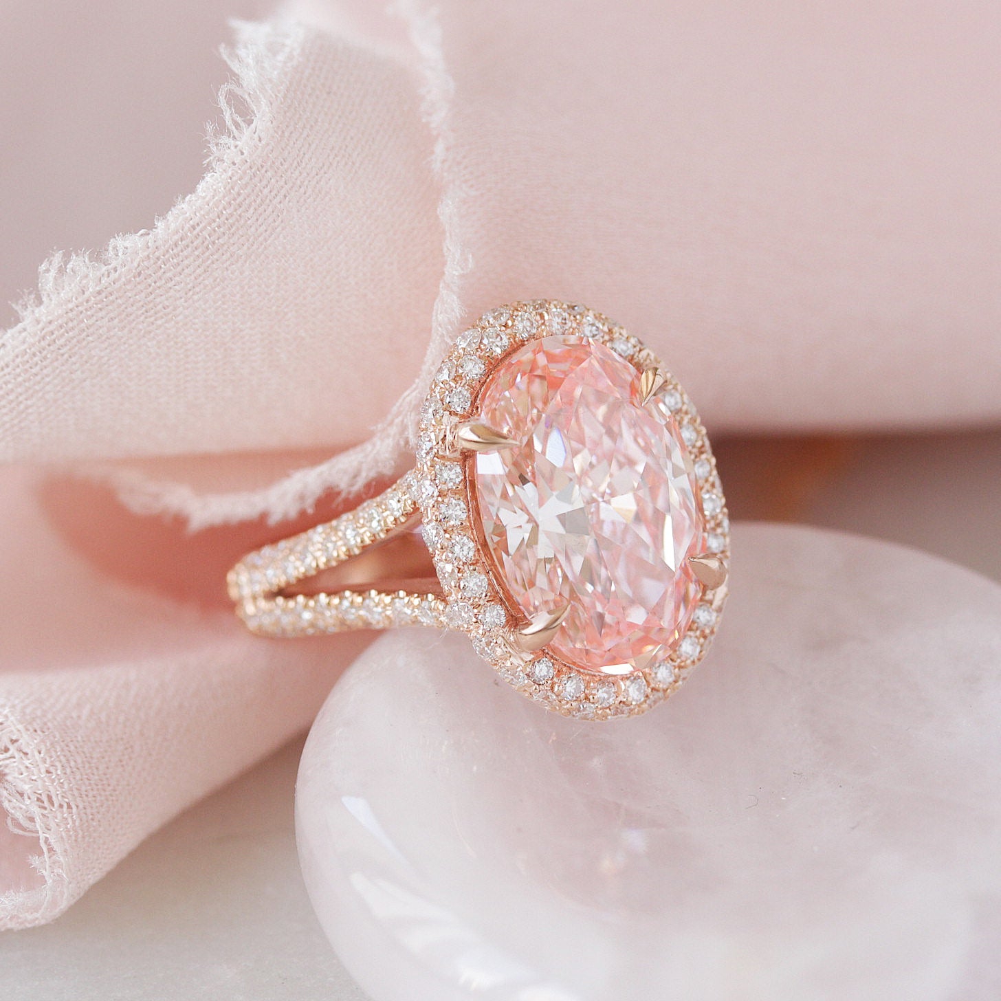 4.5ct Oval Pink Diamond Micro Pave Diamond Engagement Ring Petra, statement engagement ring 4.5ct pink oval diamond, double halo diamond ring, high jewelry, luxury