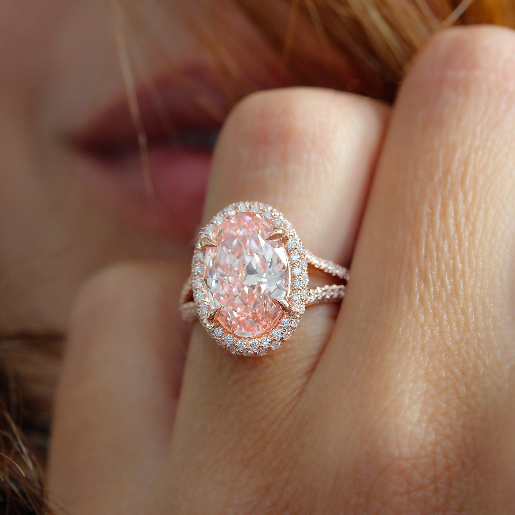 4.5ct Oval Pink Diamond Micro Pave Diamond Engagement Ring Petra, statement engagement ring 4.5ct pink oval diamond, double halo diamond ring, high jewelry, luxury