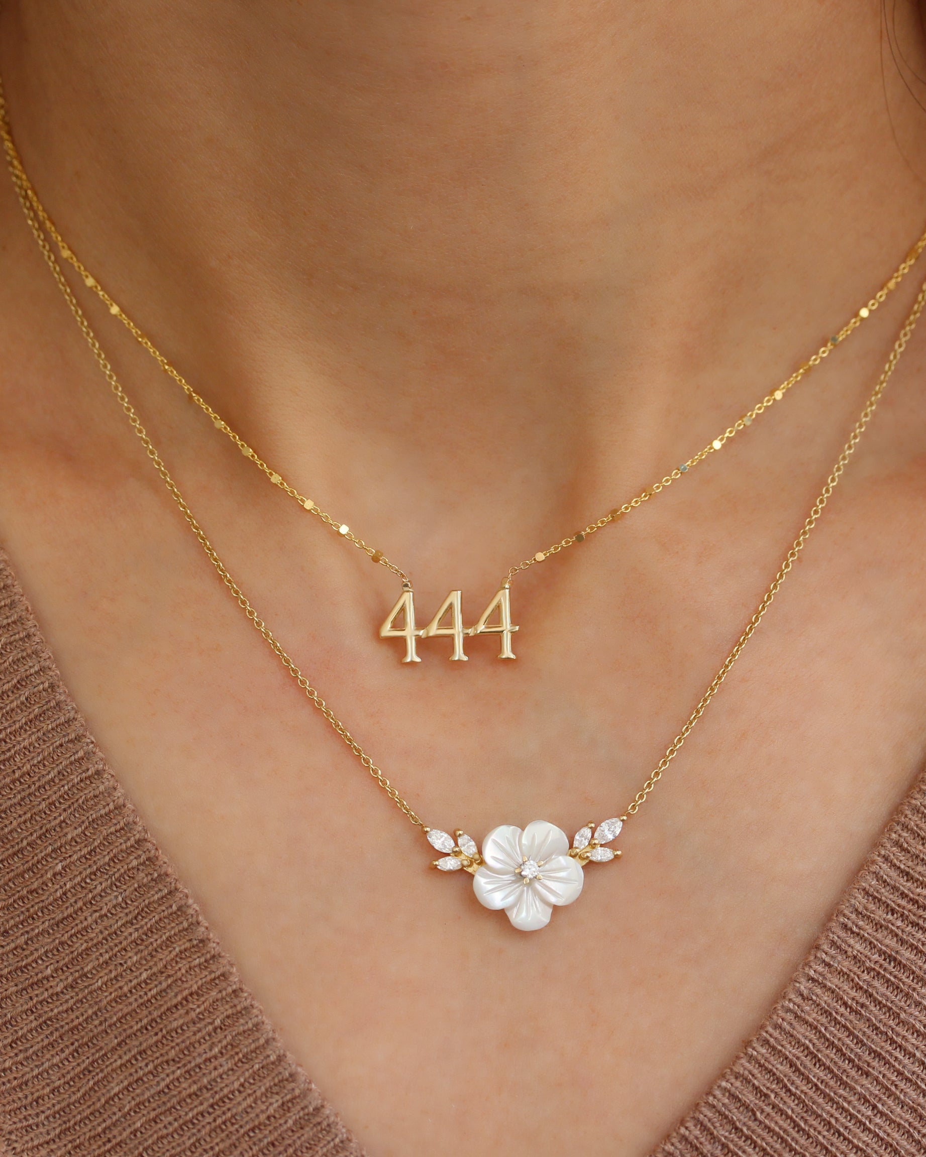444 Angel Number Protection Gold Necklace with Beaded Detail Chain